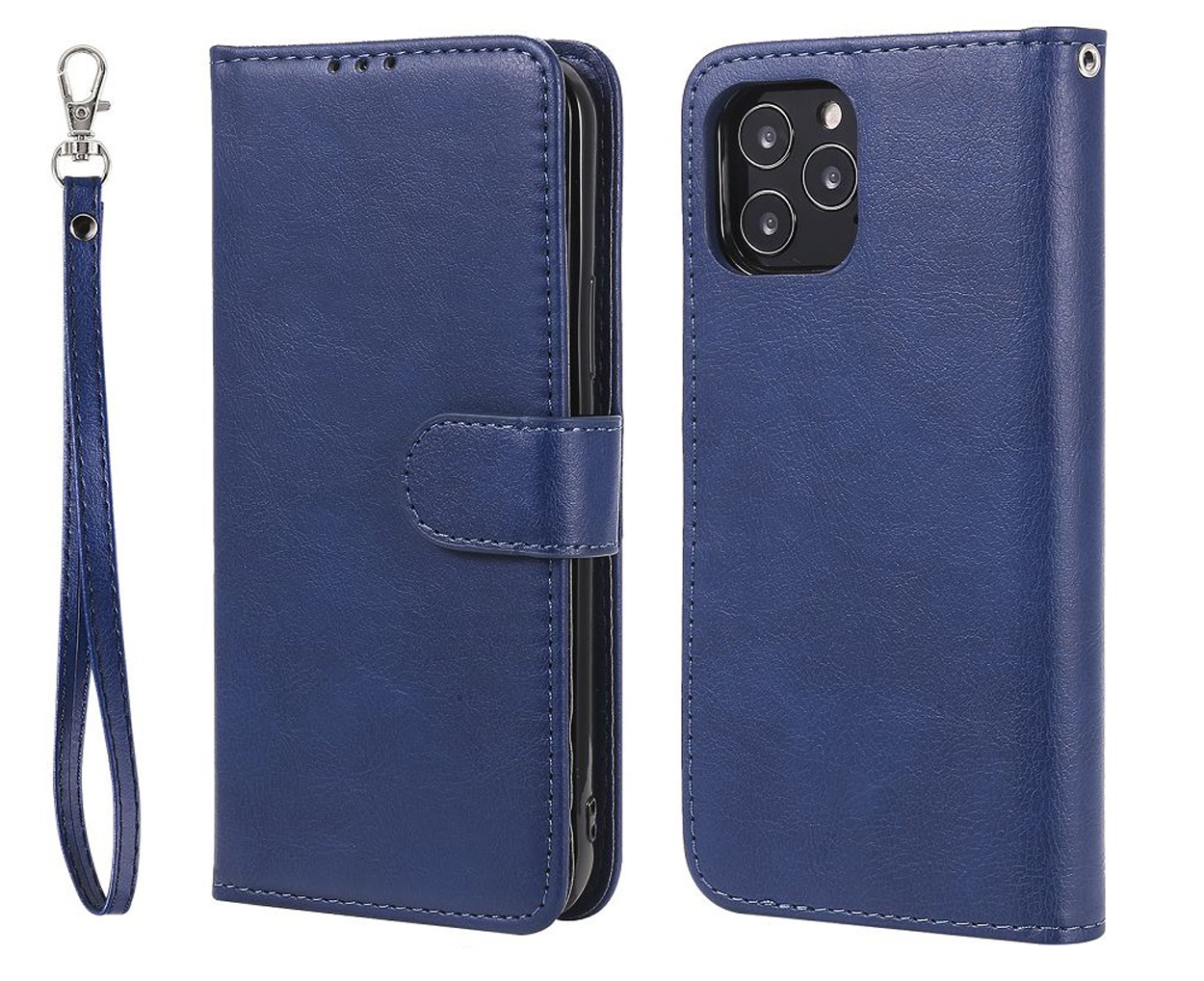 Een blauwe leren telefoonhoes met een riem. De hoes is open en toont de telefoon binnenin.
