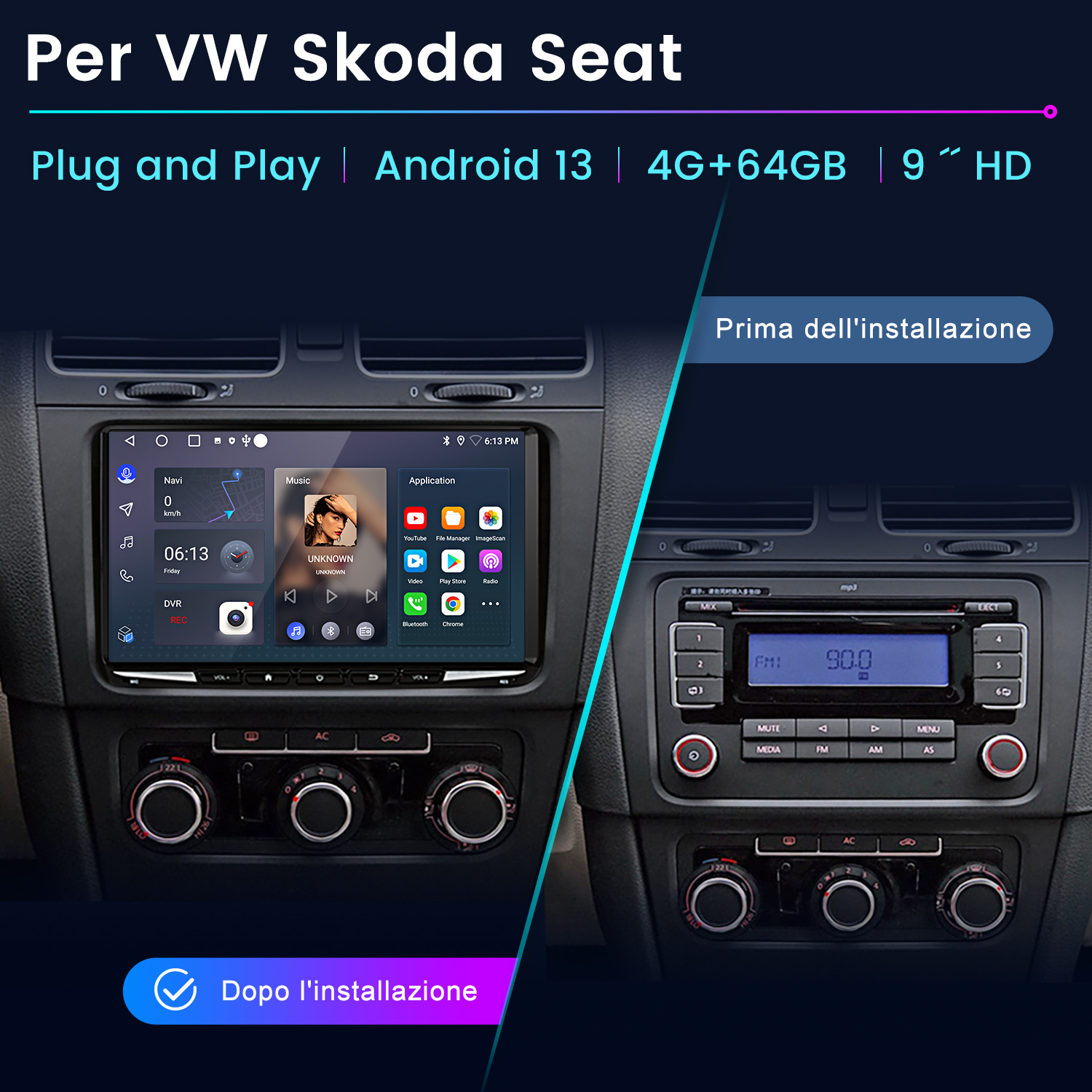 Cruscotto auto con radio e display.