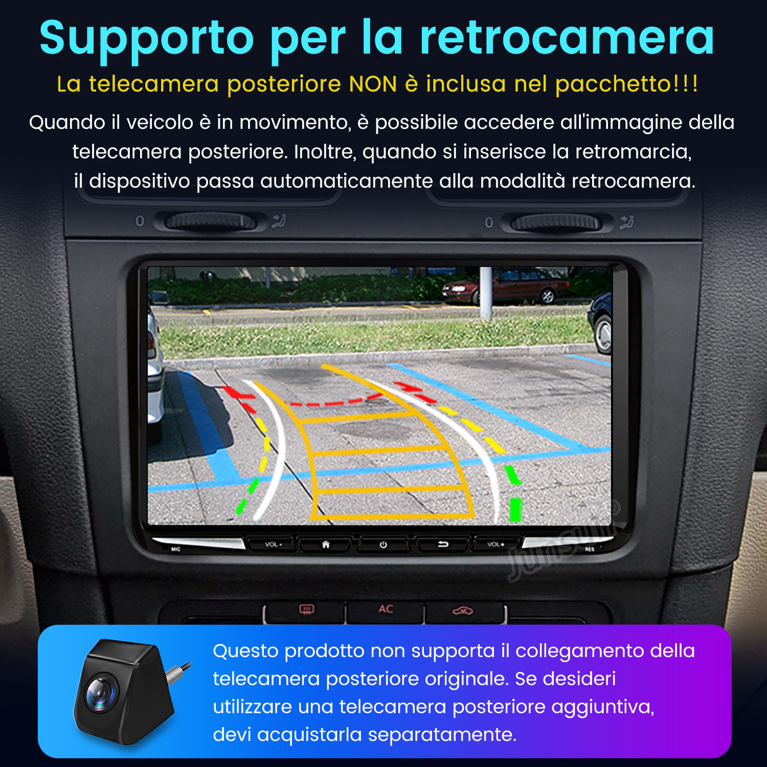 Cruscotto auto con schermo che mostra una vista parcheggio. Mostra vista telecamera posteriore.