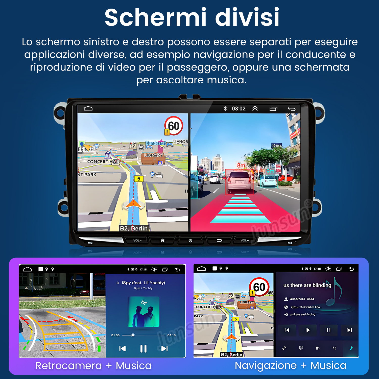 Cruscotto auto con navigazione e musica. Schermo diviso con mappe e controlli musicali.