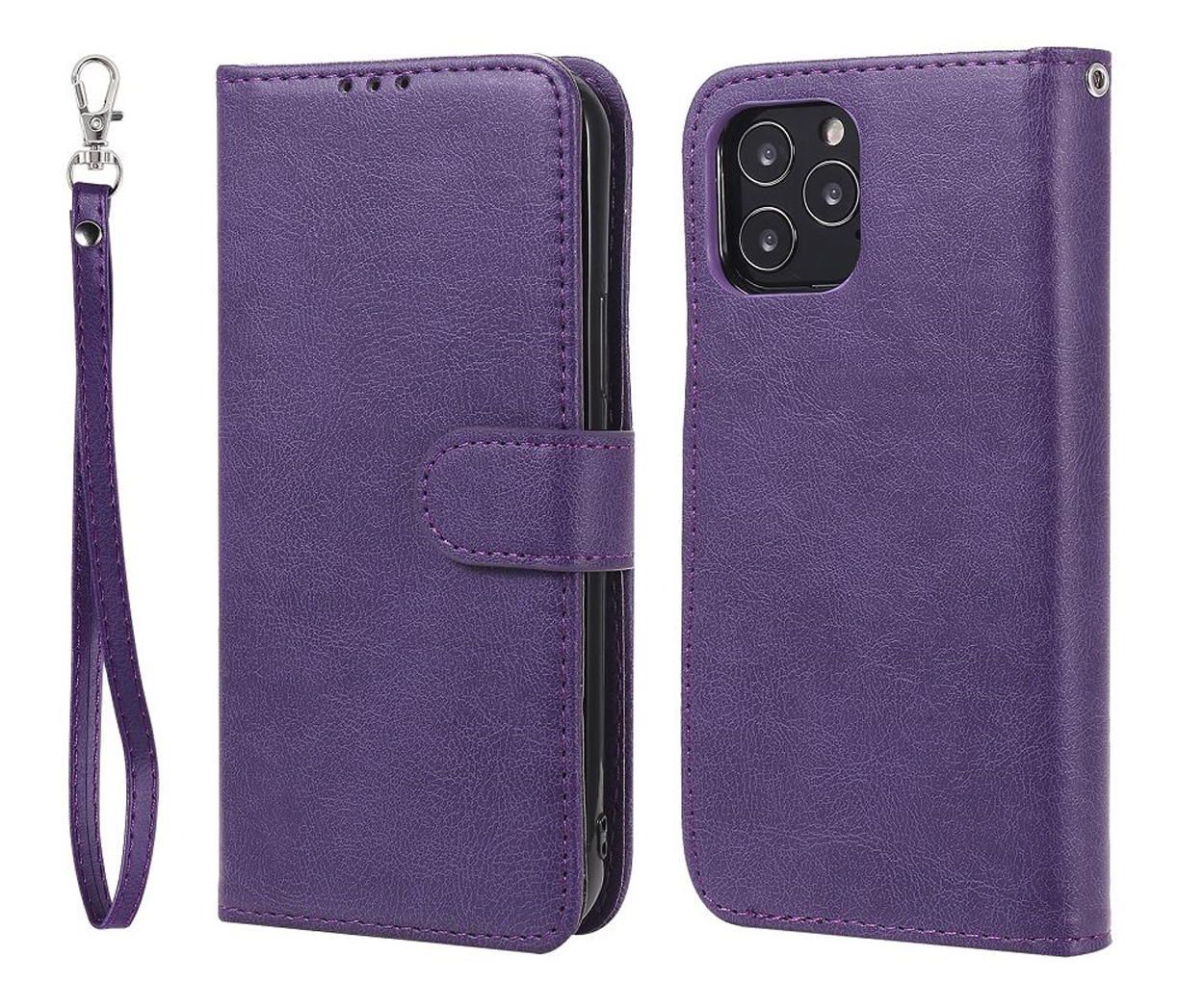 Een paarse leren telefoonhoes met een riem. De hoes is open en toont de telefoon binnenin.