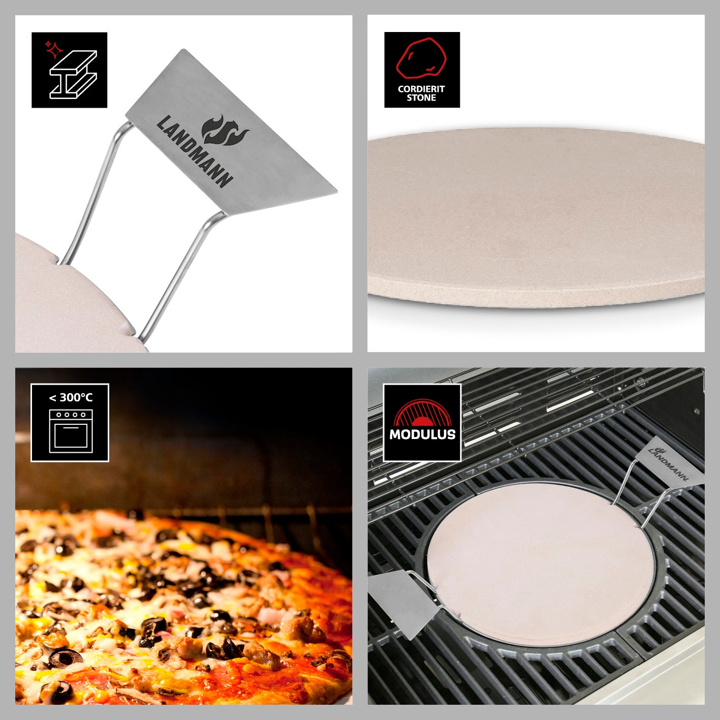 Landmann Pizza Stein und Zubehör, mit einer Pizza auf dem Grill.