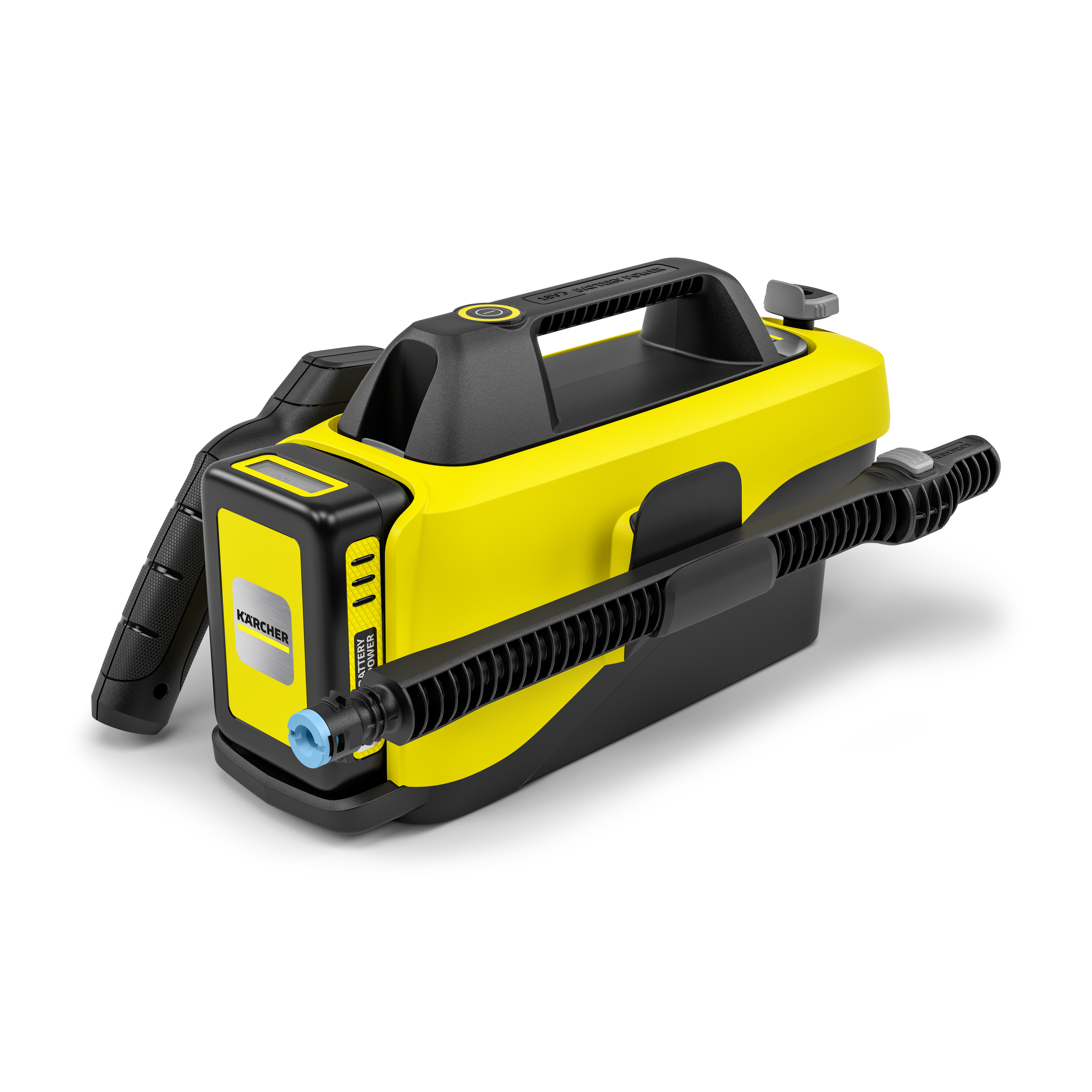 A yellow and black pressure washer. It has a handle and a hose attachment. The device is white background.