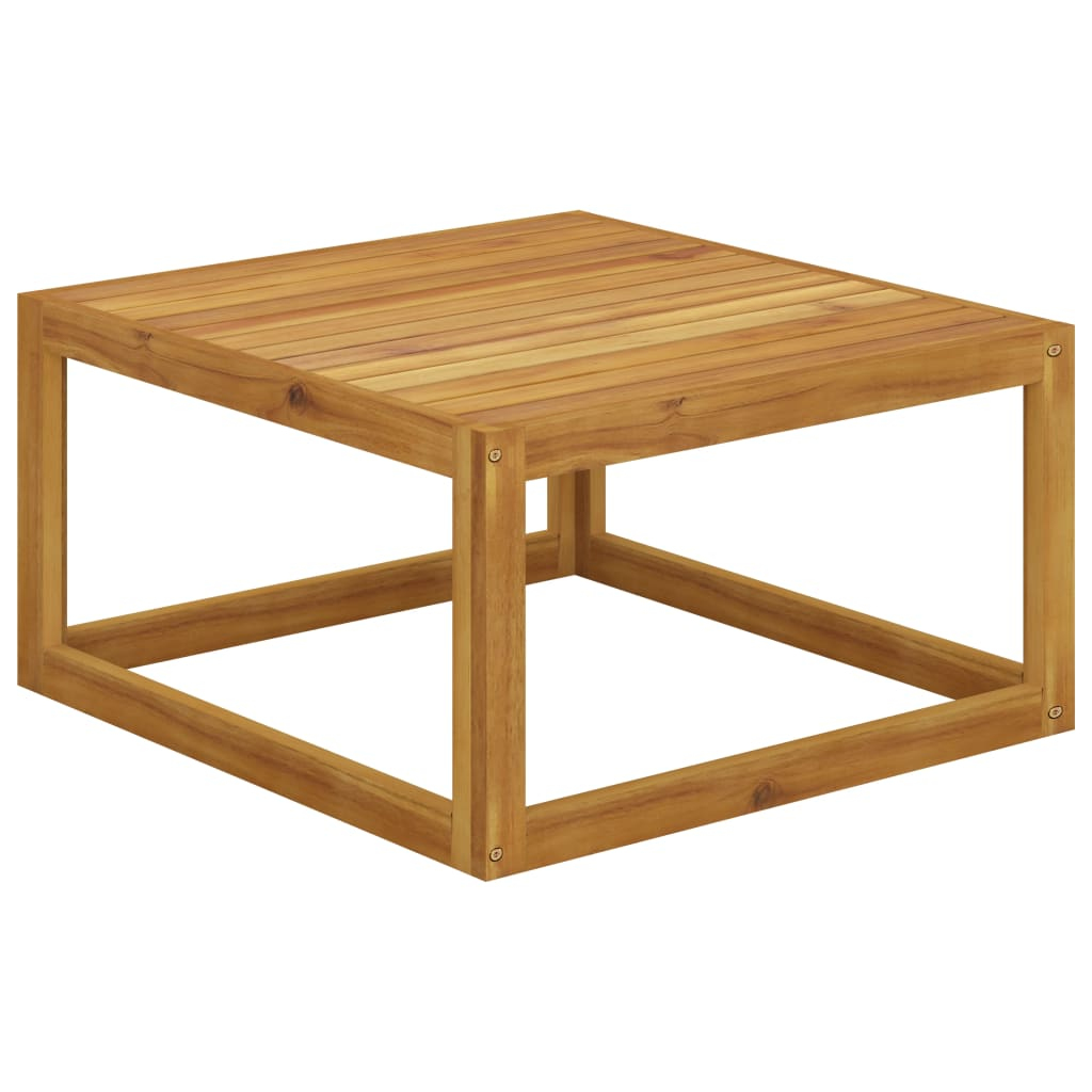 Quadratischer Holztisch mit sichtbarer Maserung. Er hat einen kastenartigen Rahmen und eine Lamellenoberfläche.