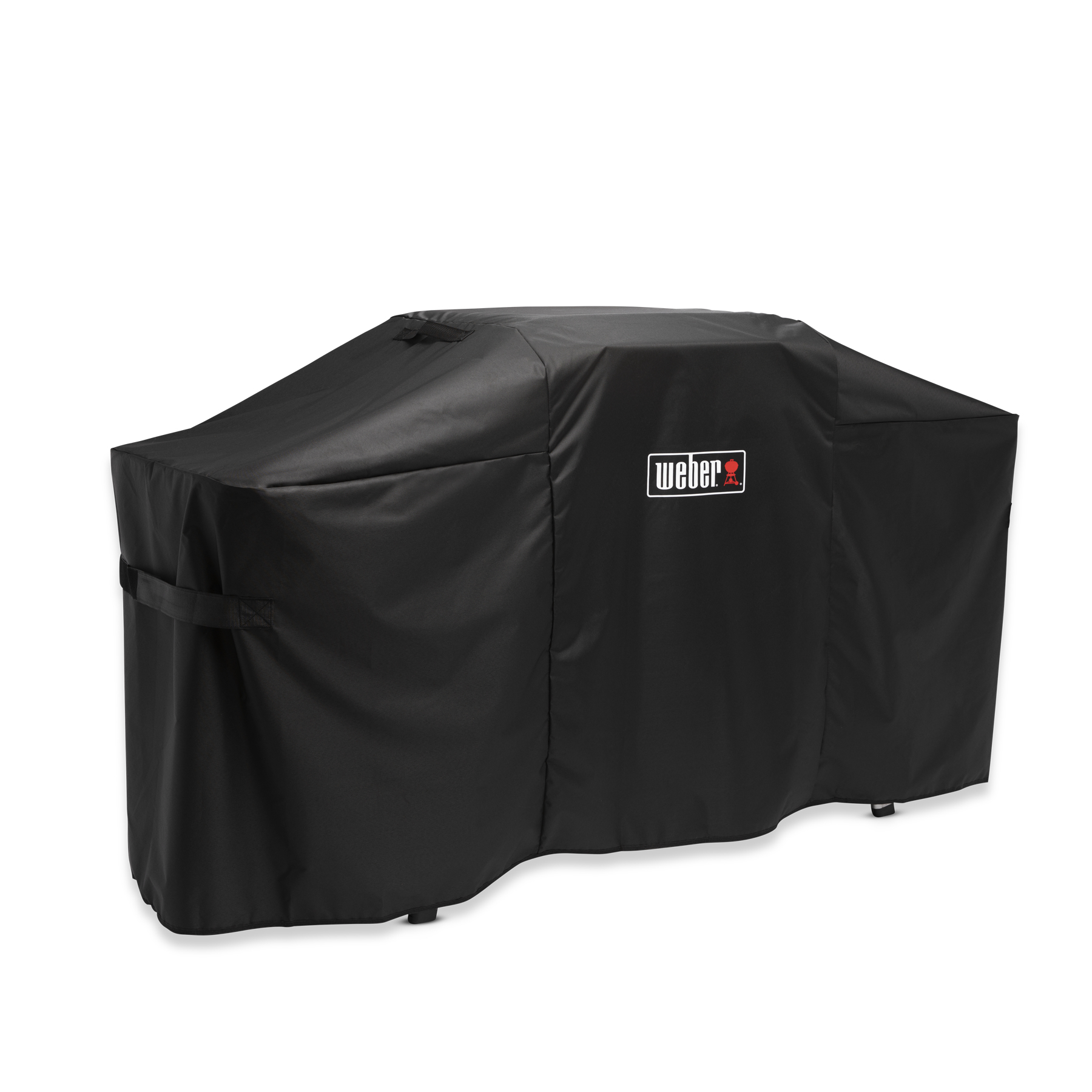 Funda negra para parrilla Weber sobre fondo blanco, logo Weber visible.