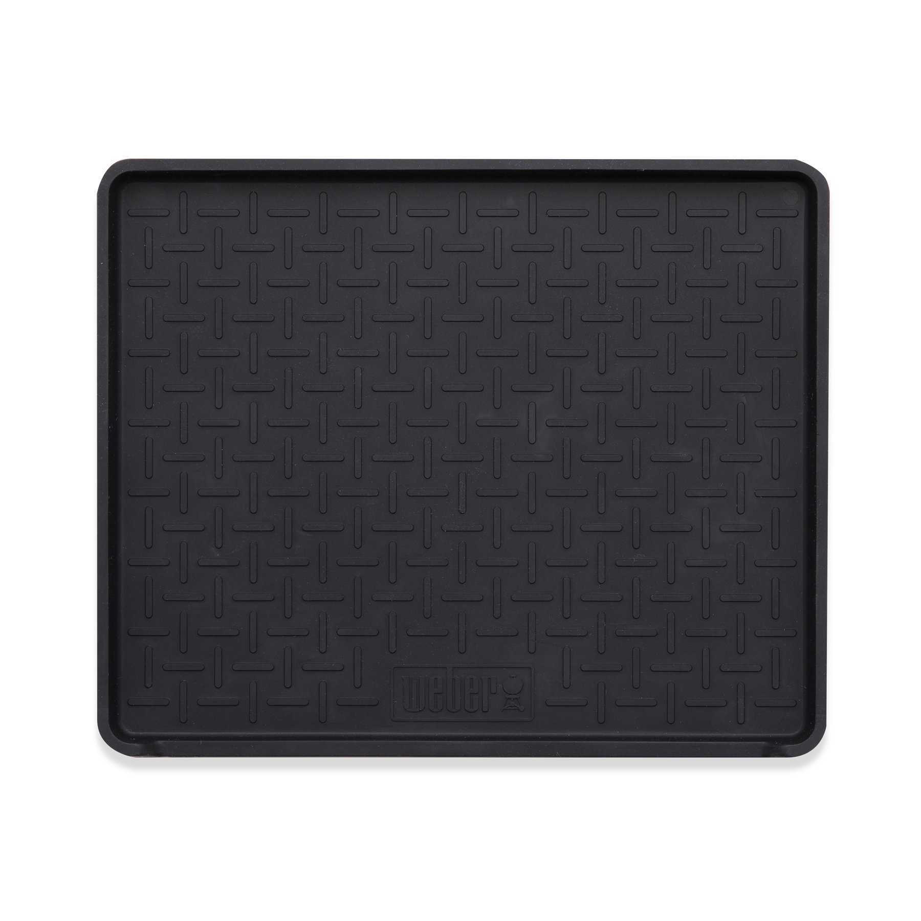 Czarna, teksturowana, gumowa mata z powtarzającym się wzorem kwadratów i linii, z tekstem 'WEBER'.