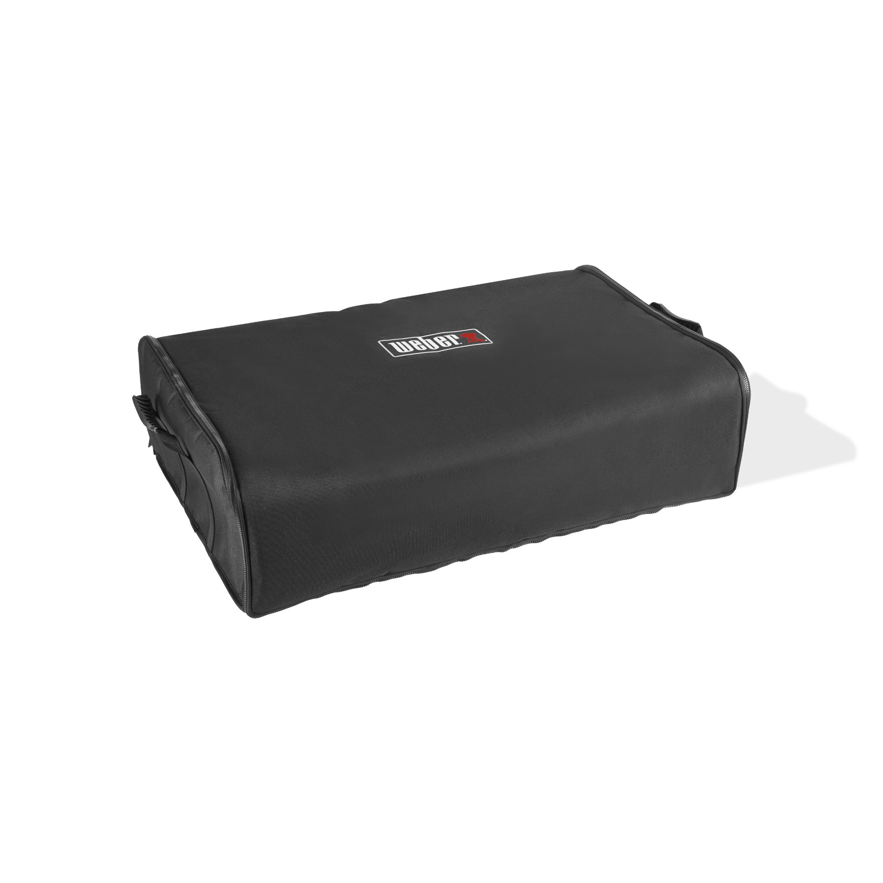 Bolsa rectangular negra de la marca Weber sobre fondo blanco. Sombras a la derecha.
