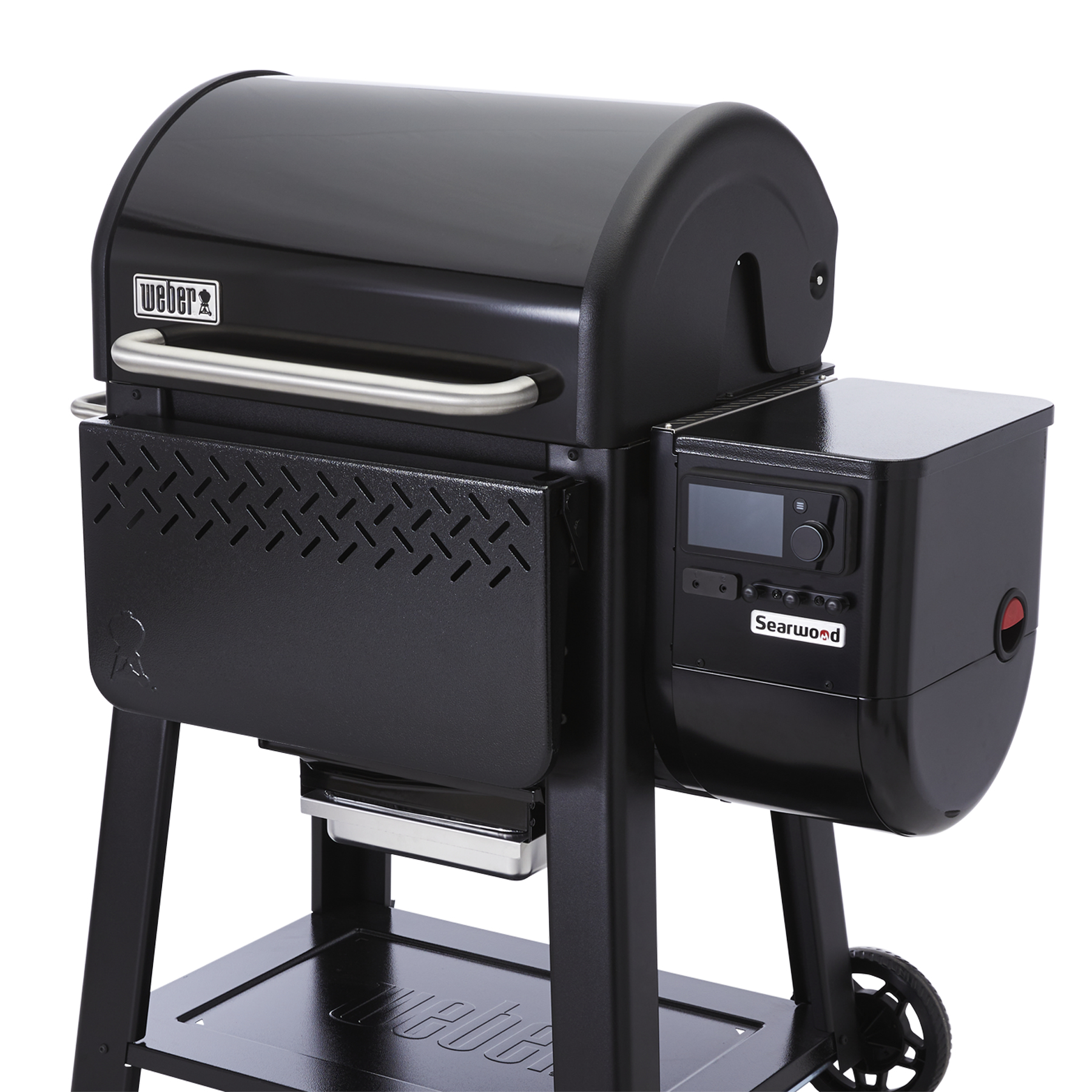 Parrilla Weber negra con asa plateada, estante lateral y pantalla digital.