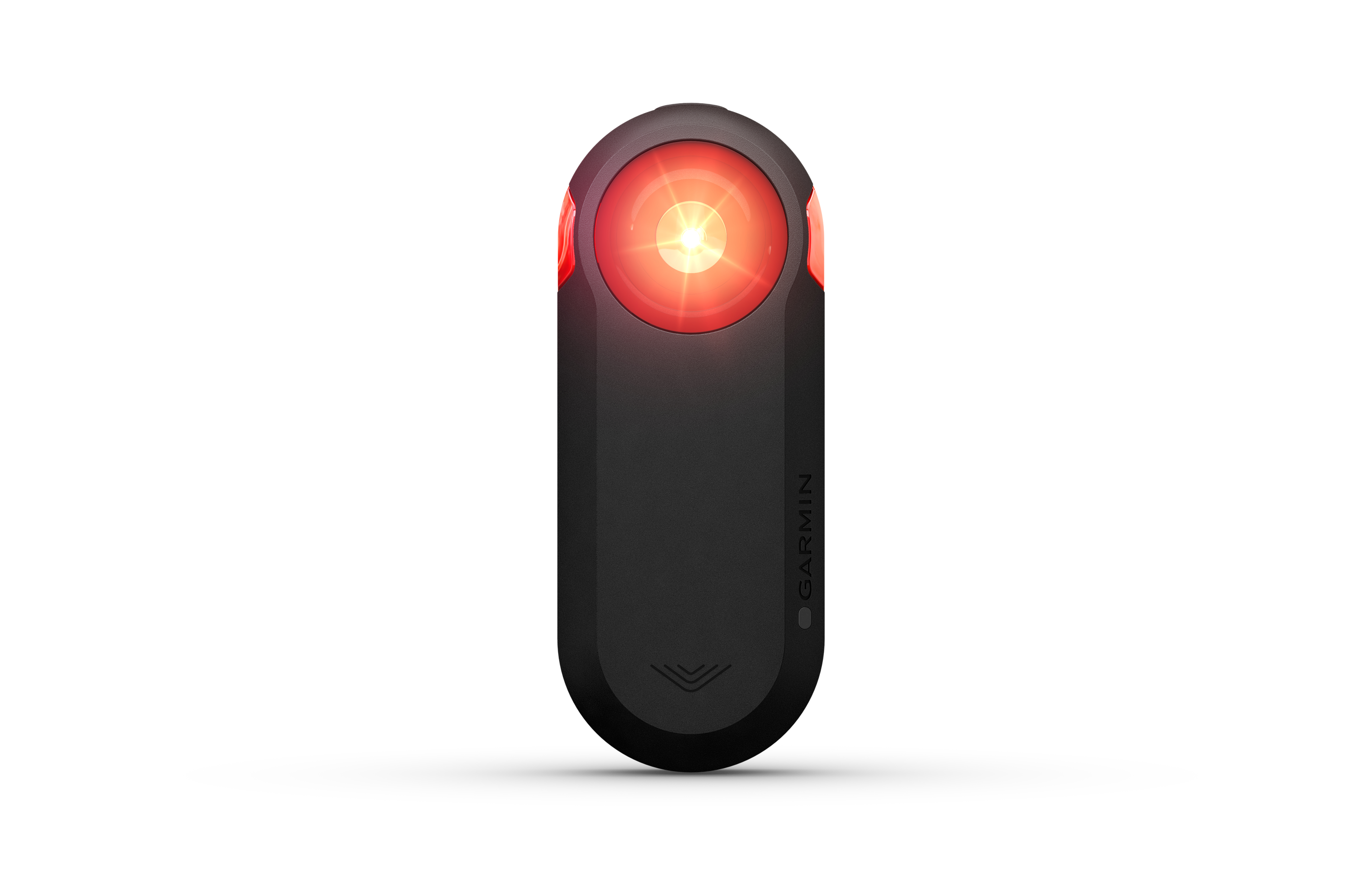 Schwarzes Garmin Fahrradlicht mit roten Lichtern. Das Licht ist oval und hat ein Garmin Logo.