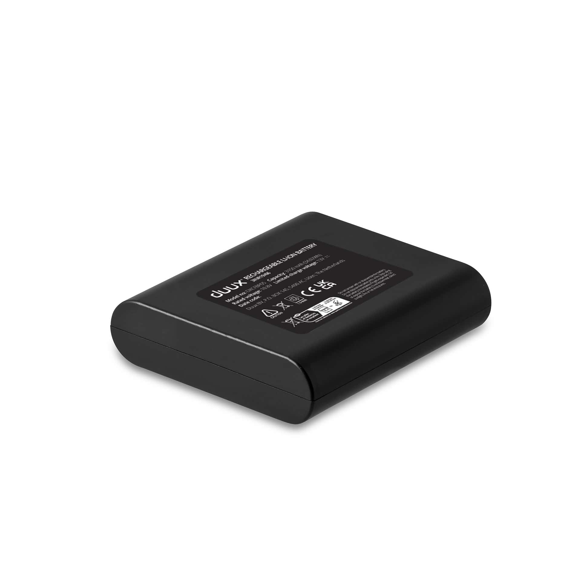 A black rectangular battery pack on a white surface.