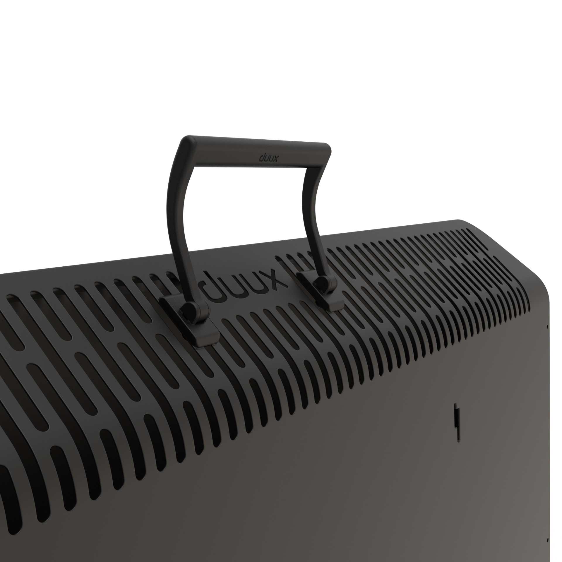 Zwart achterpaneel met een handvat. Het heeft een duux-logo en ventilatiesleuven.