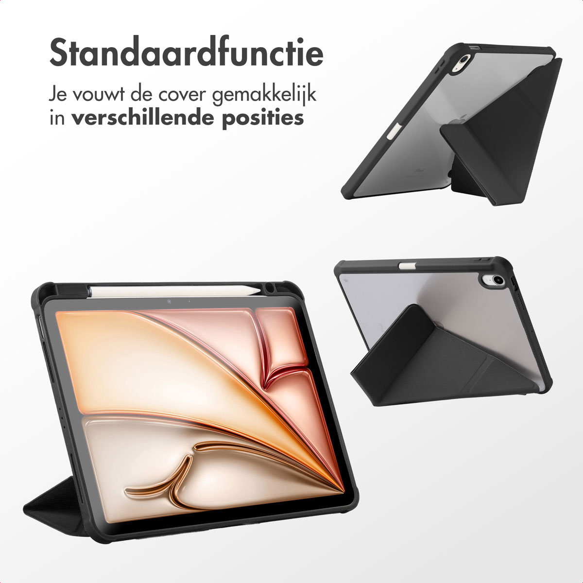 Black tablet case with the tablet in different positions. Clear back and a pen.