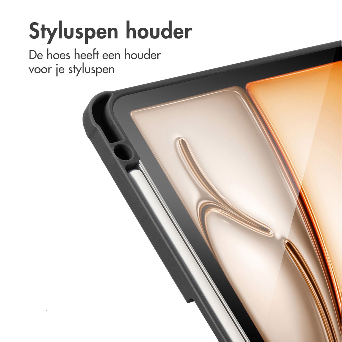 Close-up of a tablet case with a stylus holder, a stylus is placed inside.
