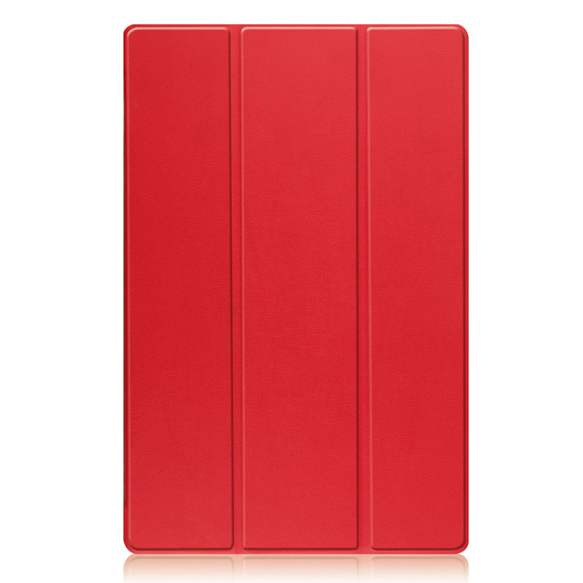Red tablet case with three panels. The case is closed and reflects light.