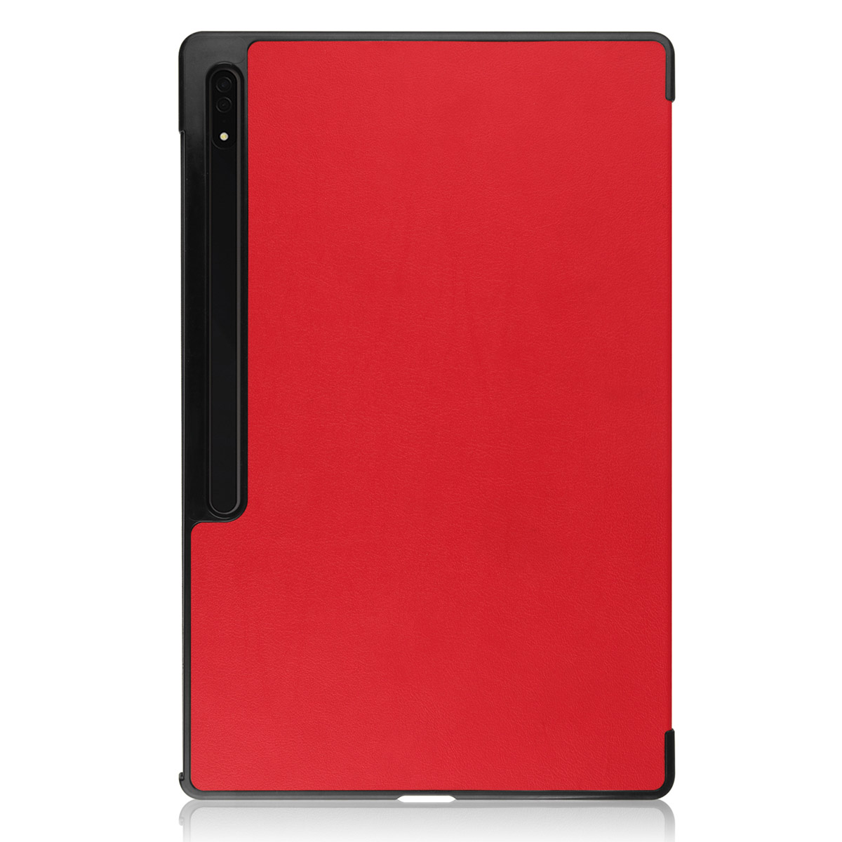 Red tablet case with a black border, with a pen slot and a rear camera.