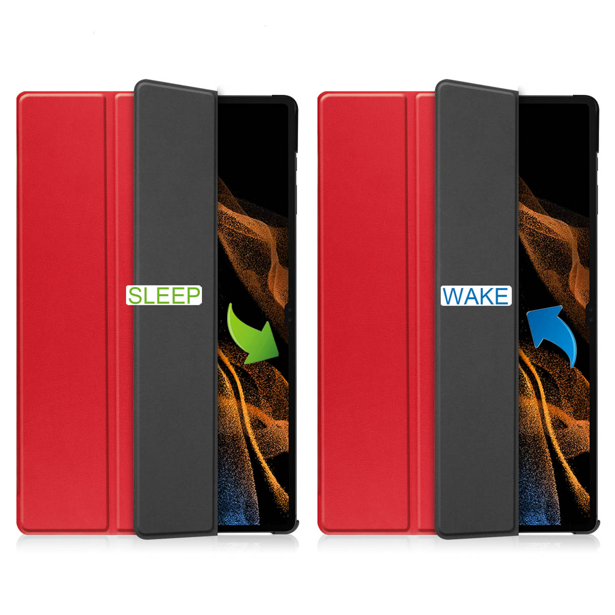 Two tablet cases. One shows 'Sleep' with a green arrow, the other 'Wake' with a blue arrow.