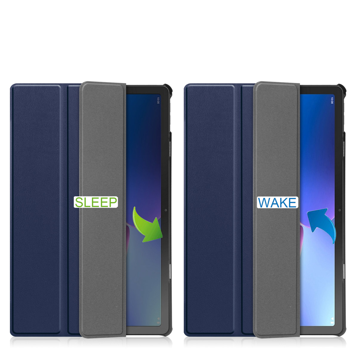 Two tablets with screen covers, one labeled 'SLEEP' and the other 'WAKE'.