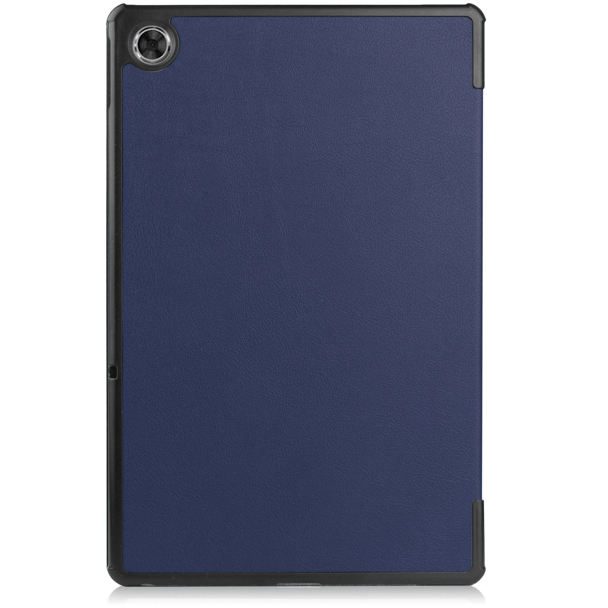 A blue tablet with a black frame and a camera on the upper left corner.