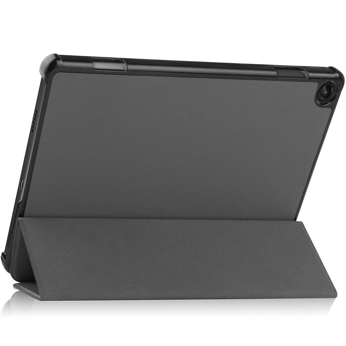 Tablet in a grey case. Back view. Case folded to prop up the tablet. White background.