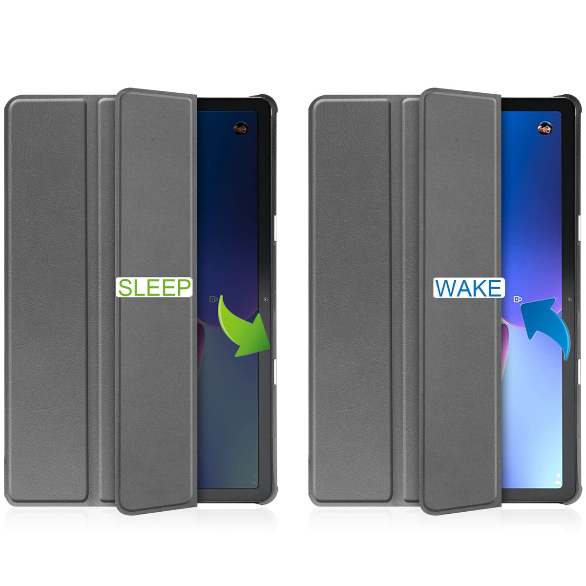 Two tablet cases with the words 'SLEEP' and 'WAKE'. Arrows show the activation direction.