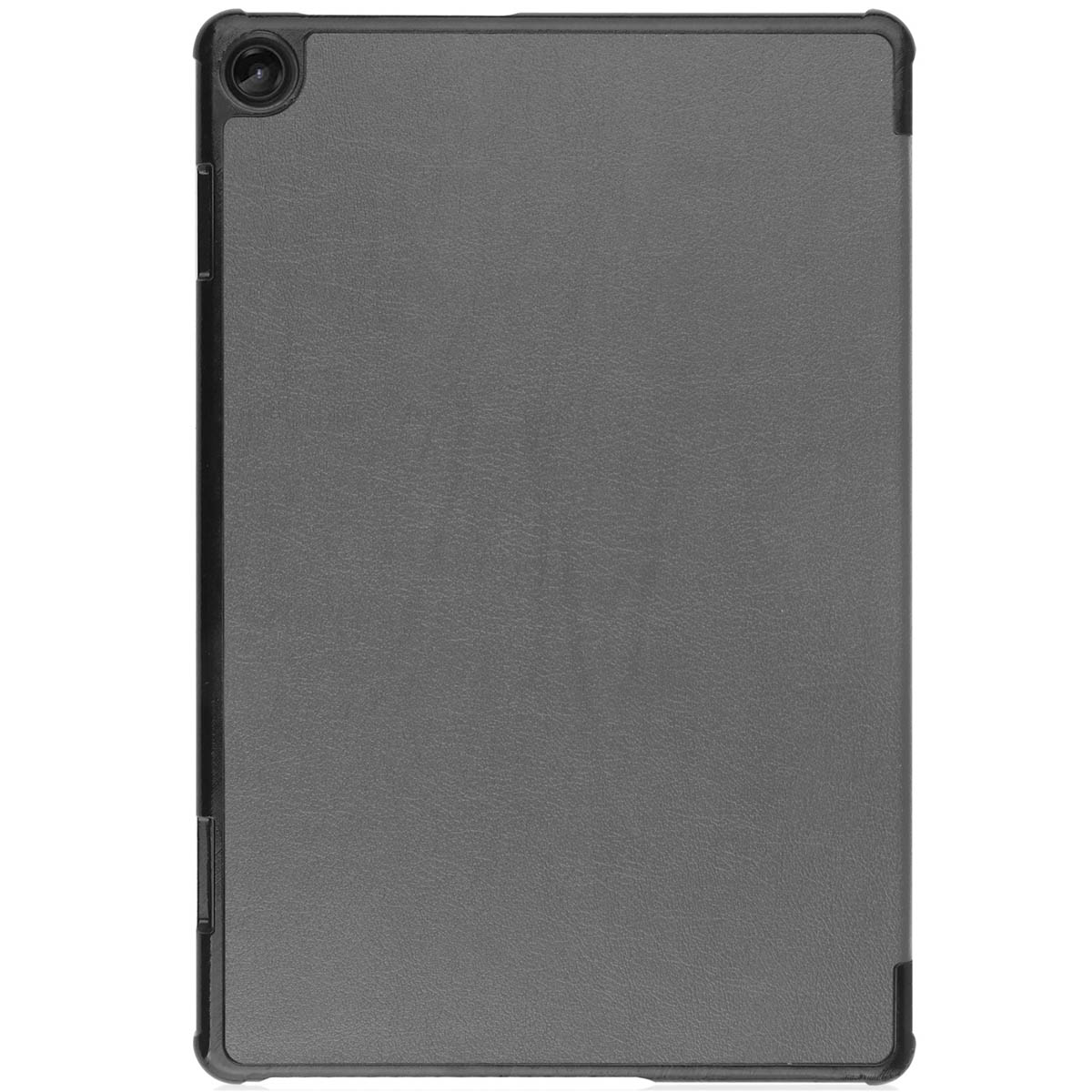 Black tablet case. It's a cover with a camera and power button on the side. Gray background.