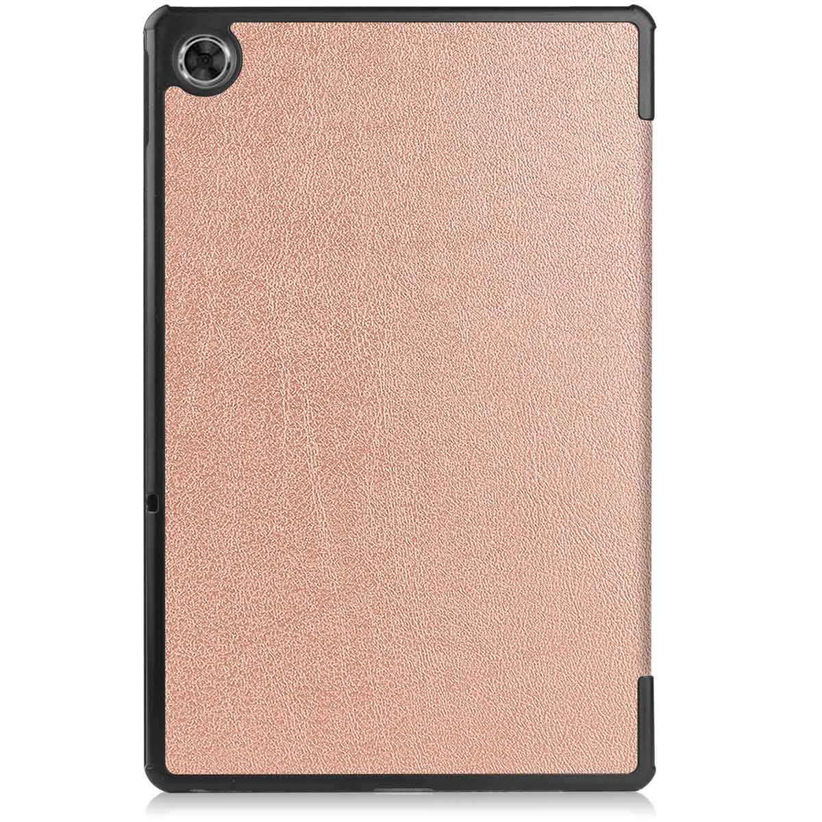 Rose gold tablet cover with black edges and camera cutout.