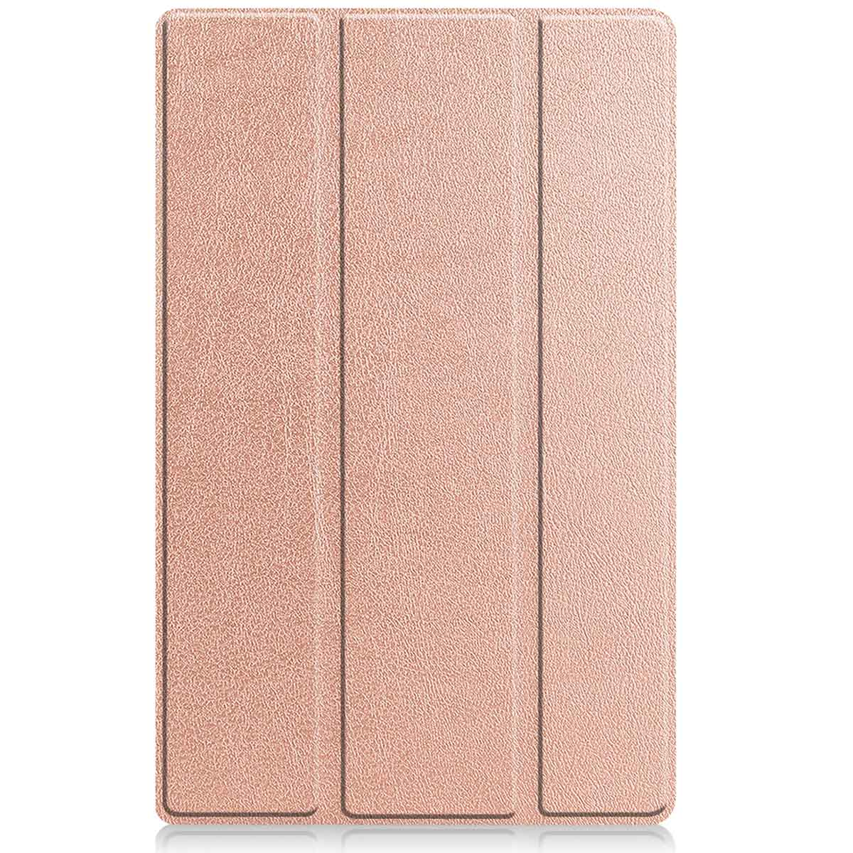 Closed rose gold tablet case with textured surface.