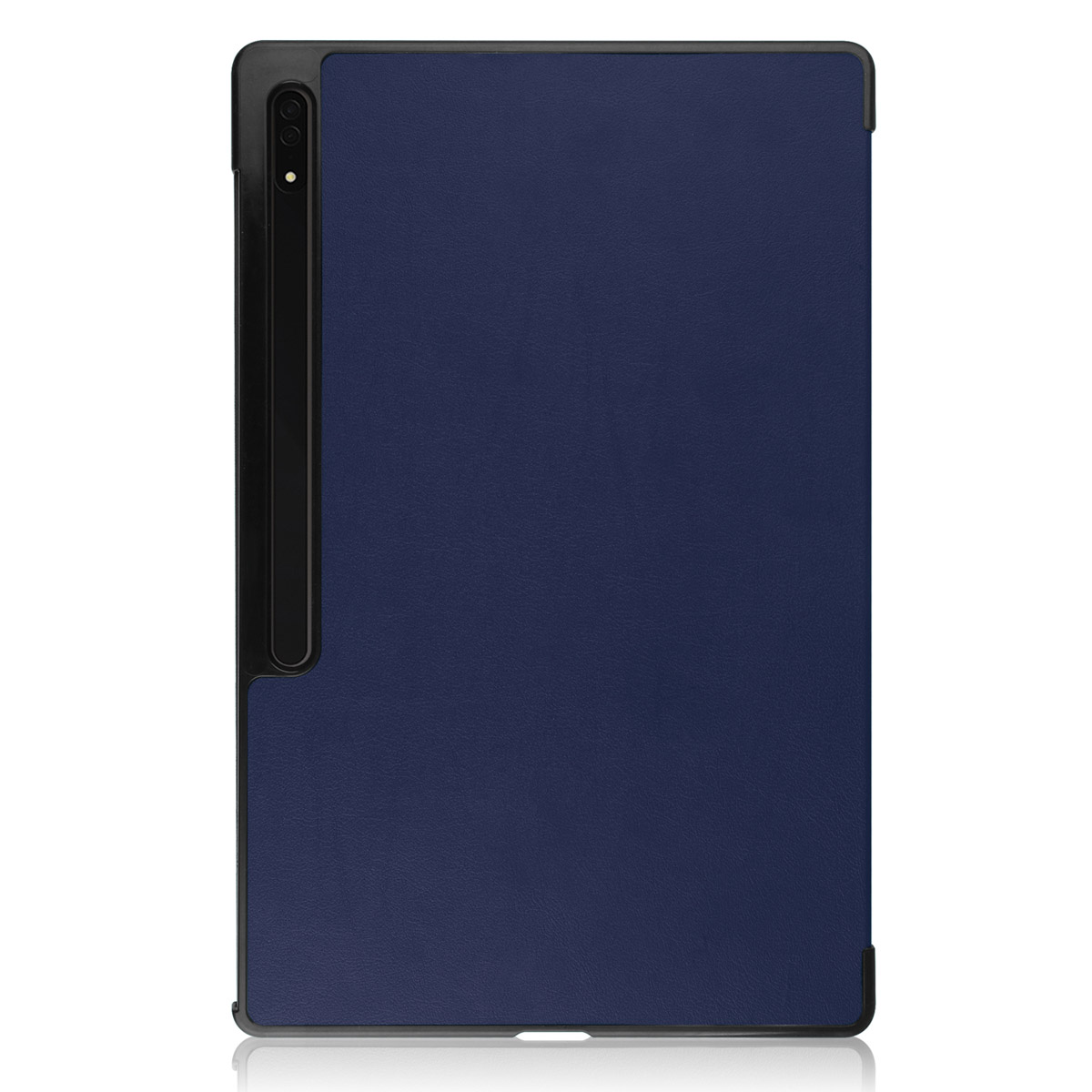 Housse de tablette bleu foncé avec bords noirs et découpe pour l'appareil photo.