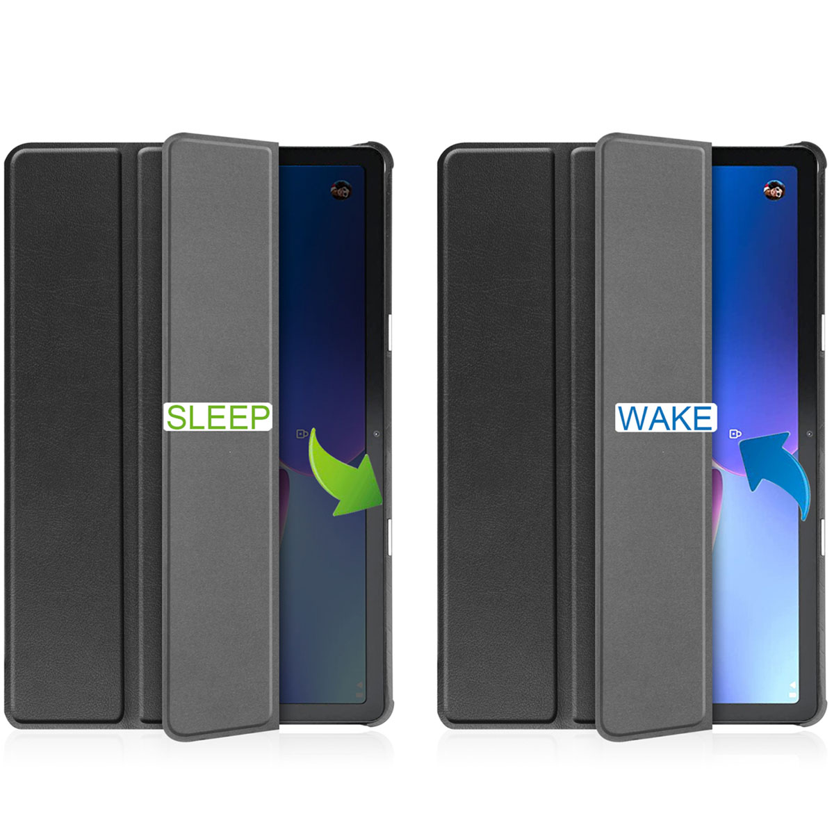 Two tablet cases, one open showing screen, with 'SLEEP' and 'WAKE' labels.