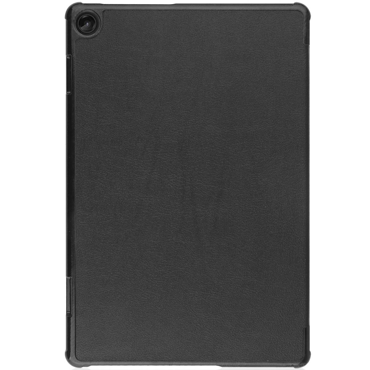A black tablet case, showing the back with a camera lens and a button.