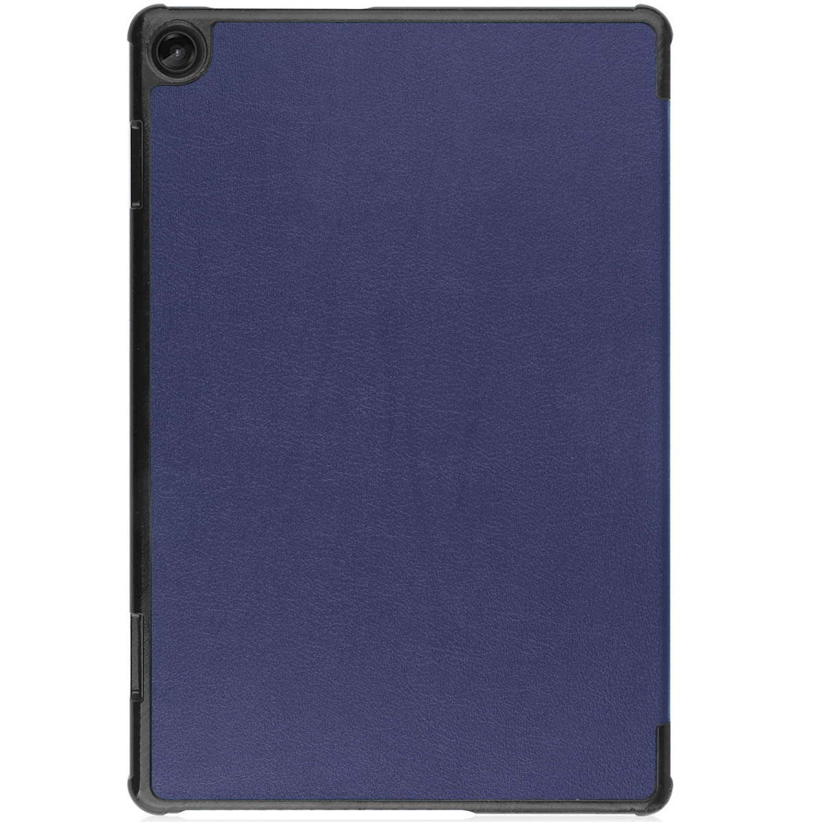 A dark blue tablet case with a black frame, viewed from above.