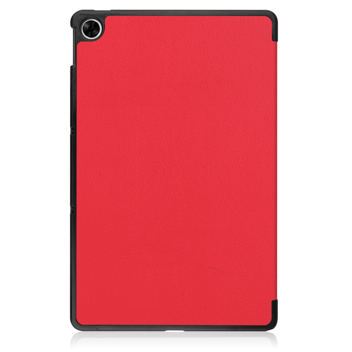 Red tablet case. Back view. Black frame. Tablet is not visible. White background.