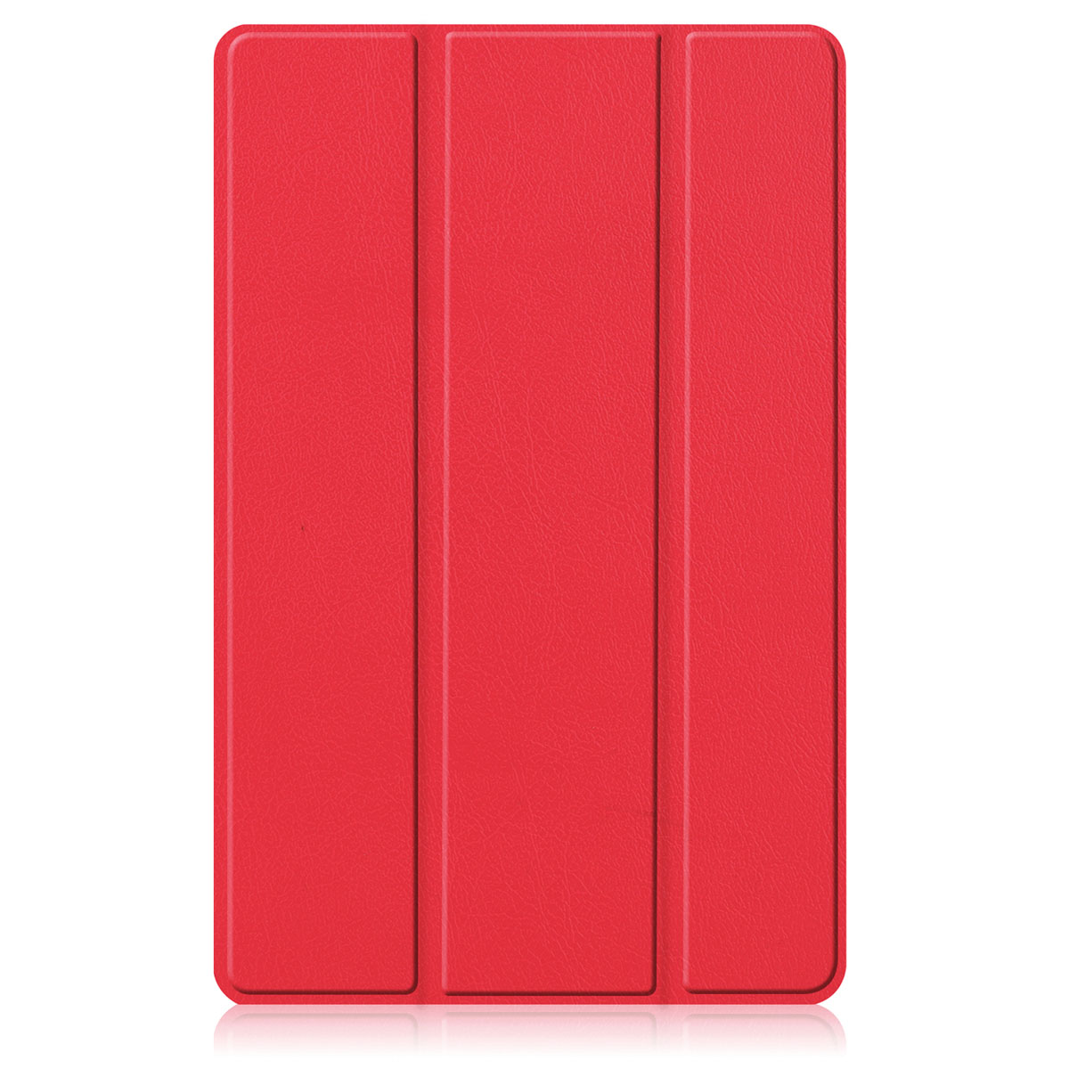 Red tablet case, closed. The case has a three-fold design.