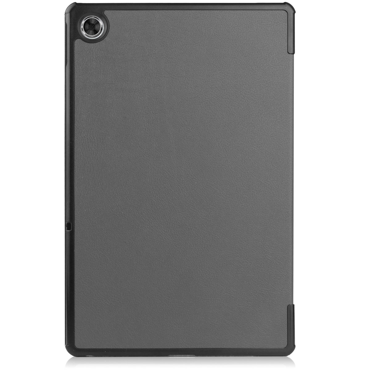 Gray tablet cover with black edges and camera cutout.