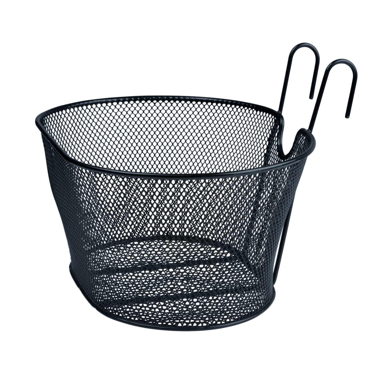 Zwarte metalen fietsmand. Het heeft een gaasontwerp en twee haken om op te hangen.