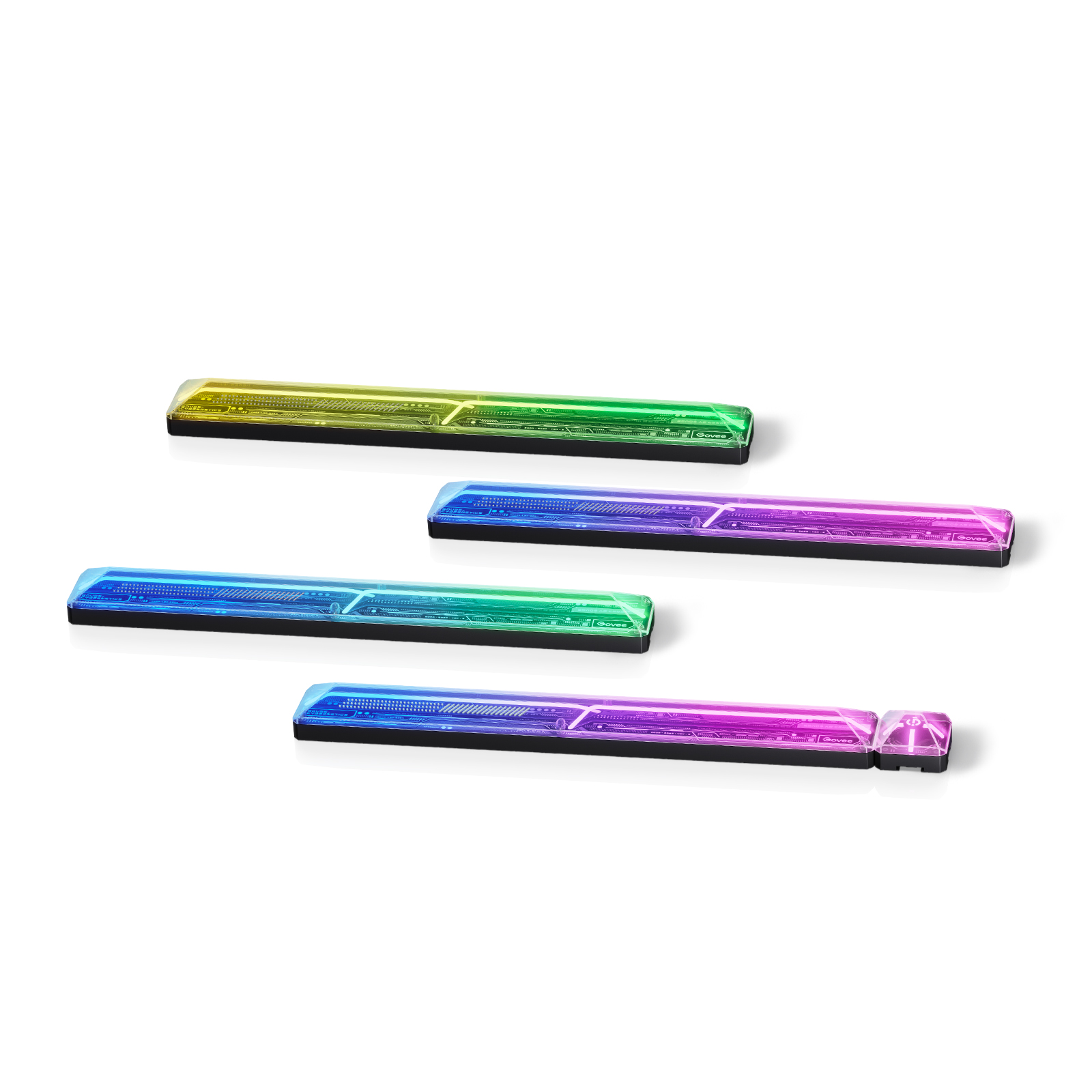 Cztery kolorowe paski świetlne LED. Każdy jest prostokątny z przezroczystym wierzchem.