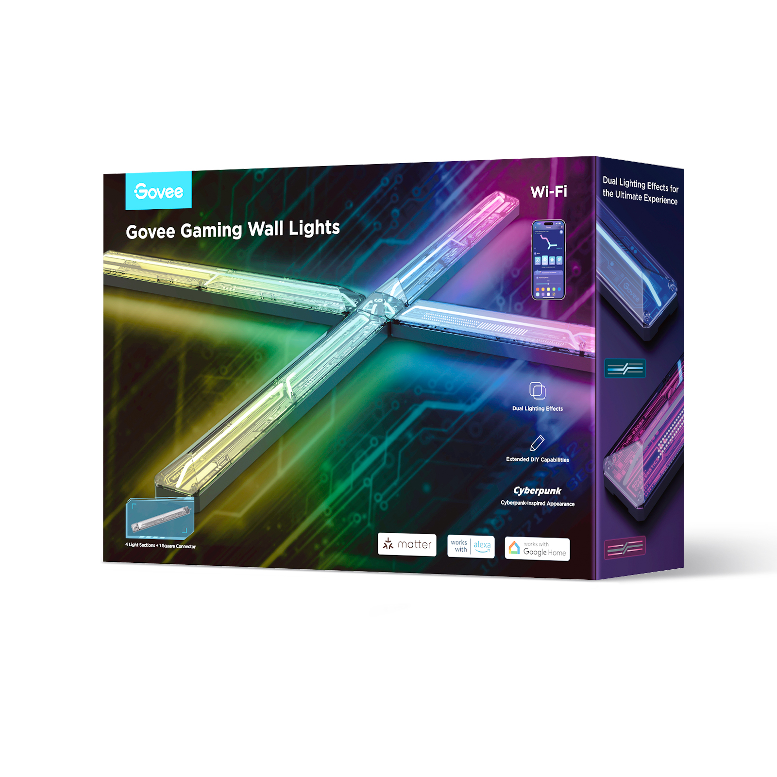 Pudełko produktu Govee do gier ściennych. Pudełko przedstawia światła i funkcje, takie jak Wi-Fi.