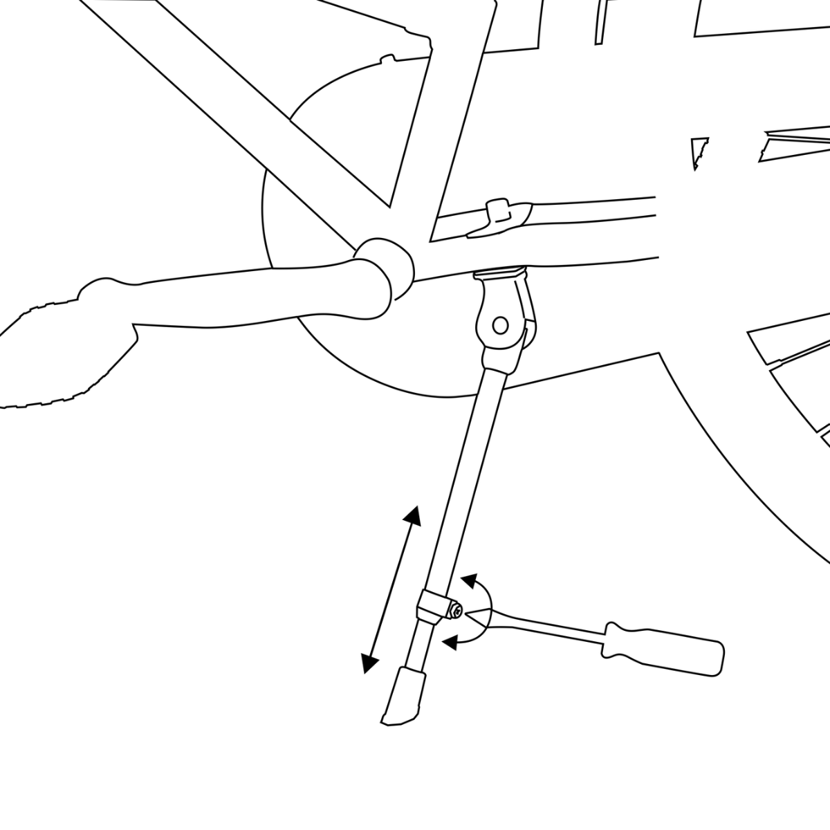 Lijntekening van een fiets met een standaard die met een gereedschap wordt afgesteld.