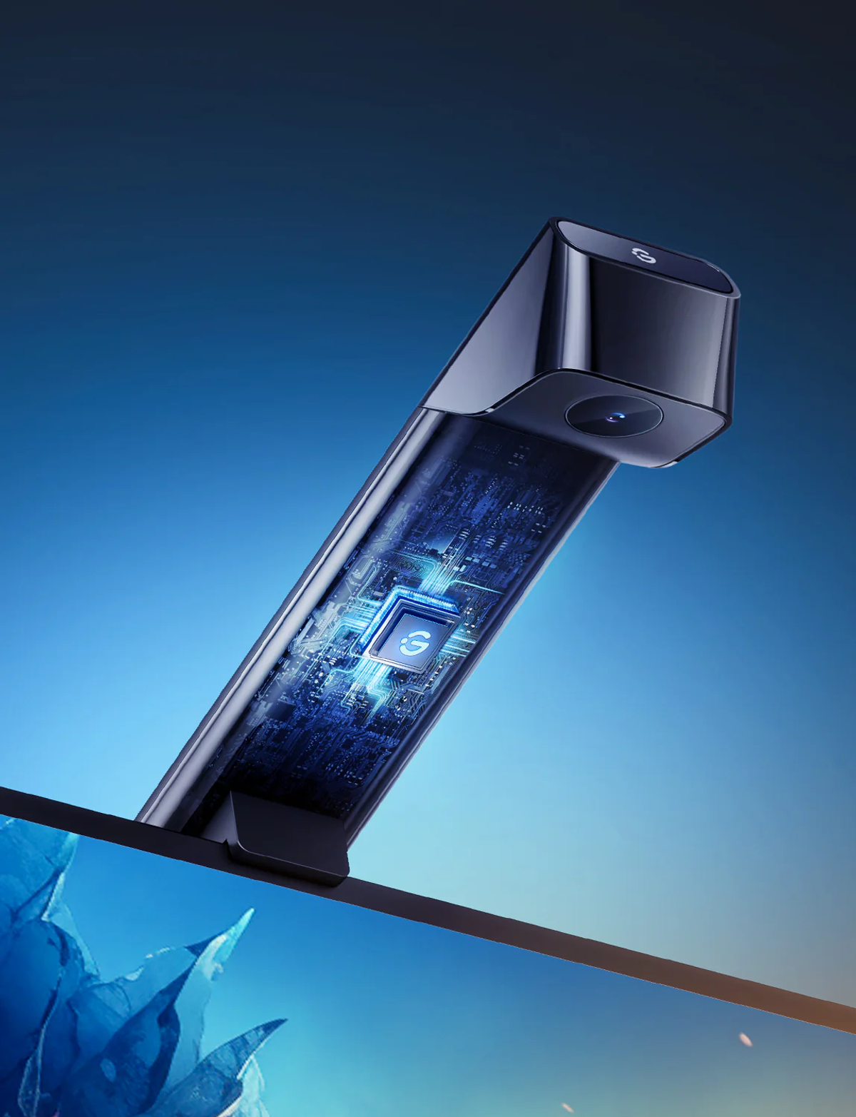 Urządzenie technologiczne z widocznymi elementami wewnętrznymi, na niebieskim tle.