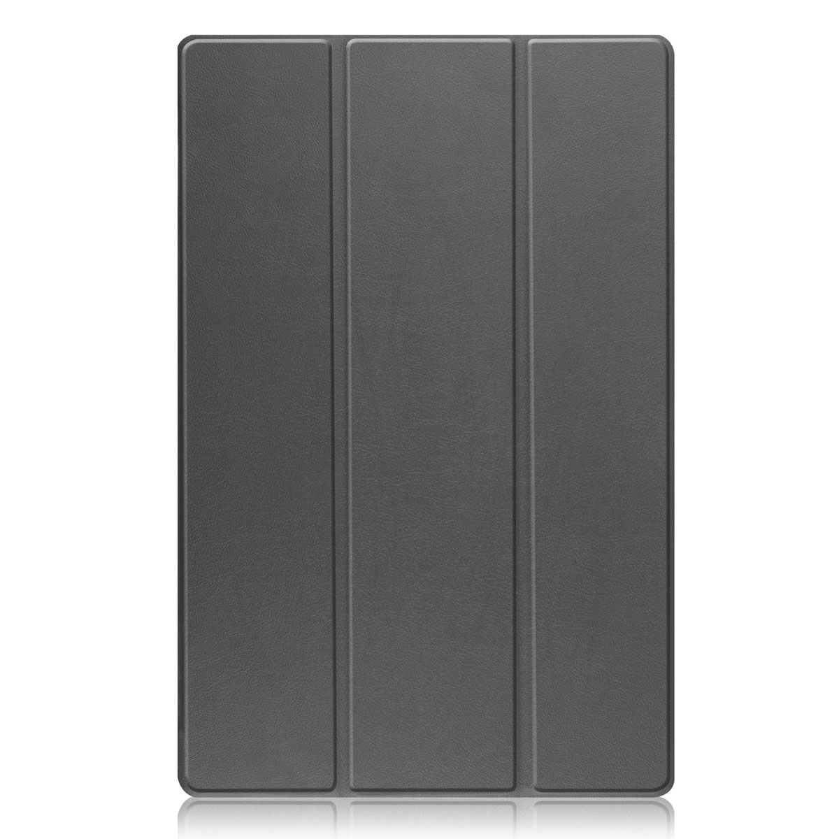 Une housse de tablette grise fermée avec trois segments verticaux.