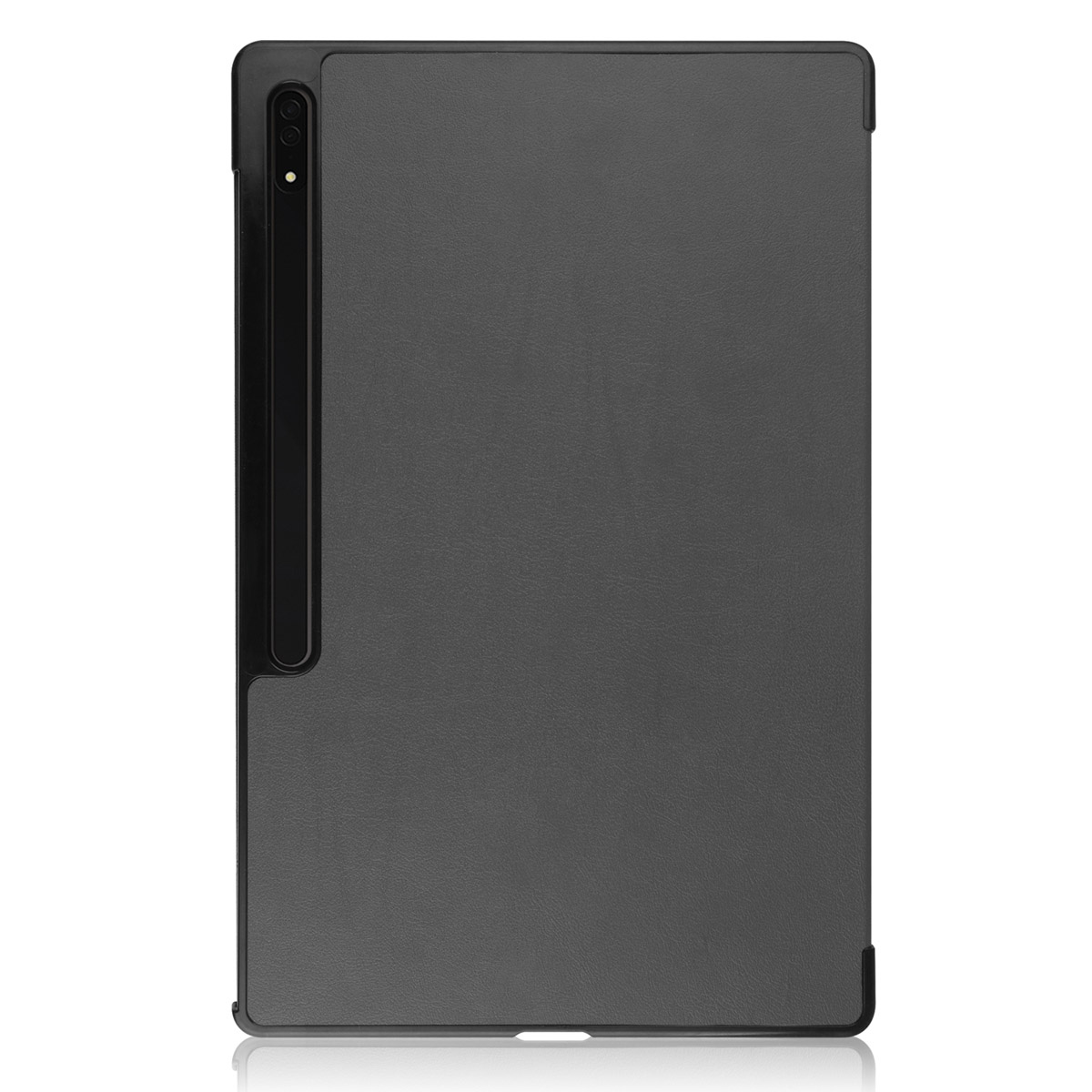Un étui de tablette gris foncé. Il a une fente pour stylo et un design élégant.