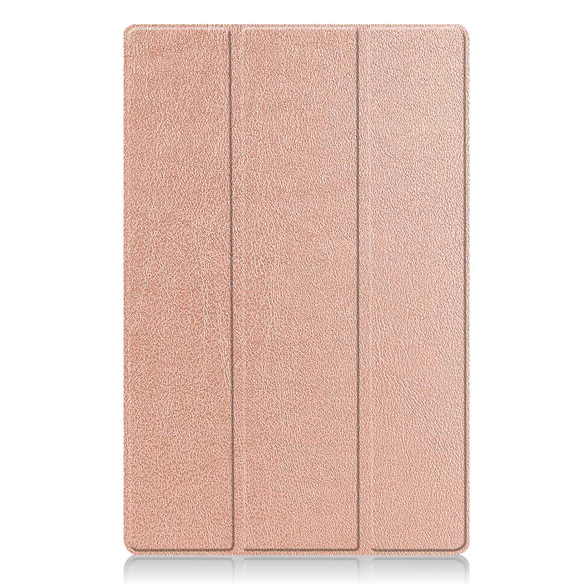 Un étui de tablette fermé, texturé, or rose, avec trois panneaux verticaux et une surface réfléchissante en dessous.