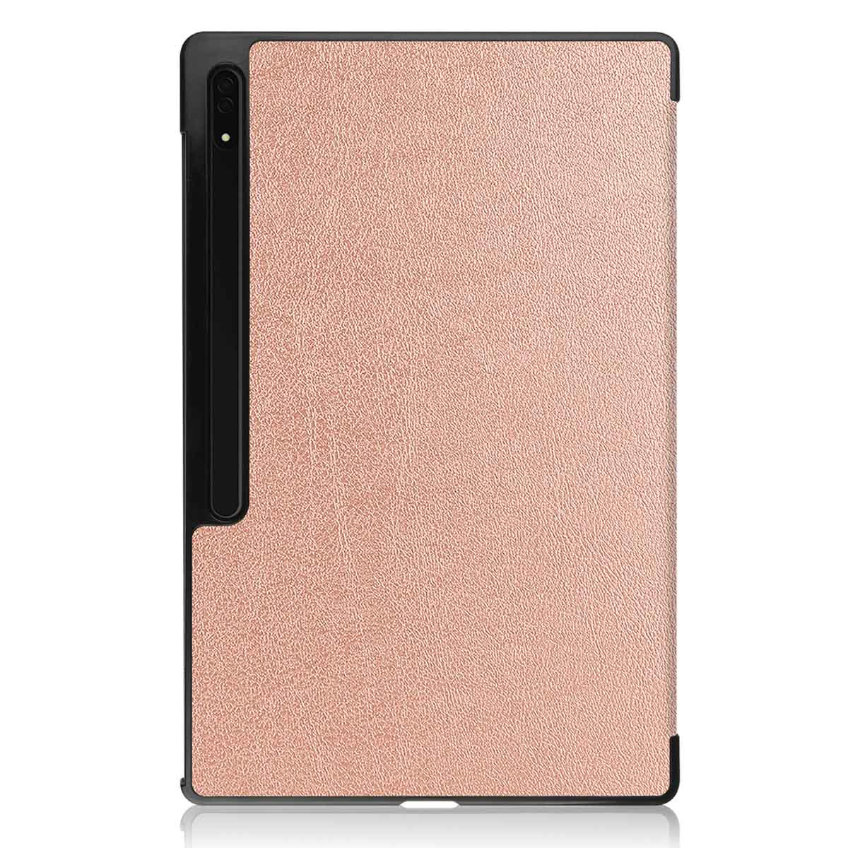 Étui de tablette de couleur or rose, avec un cadre noir et une découpe pour l'appareil photo.