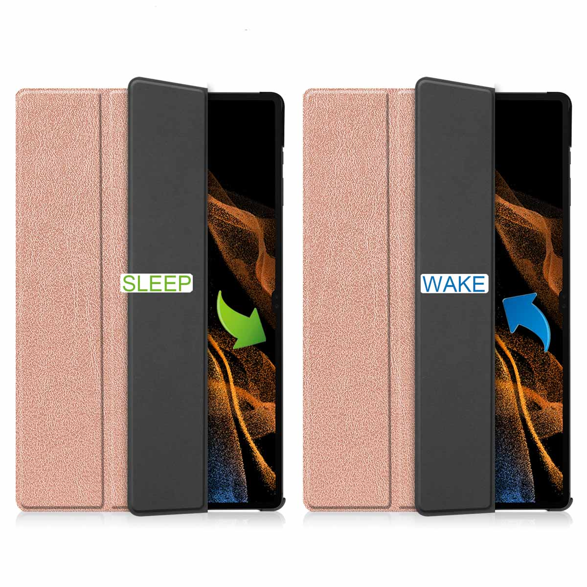 Deux étuis de tablette, un ouvert, un fermé, avec les étiquettes 'SLEEP' et 'WAKE', indiquant la fonction marche/arrêt.