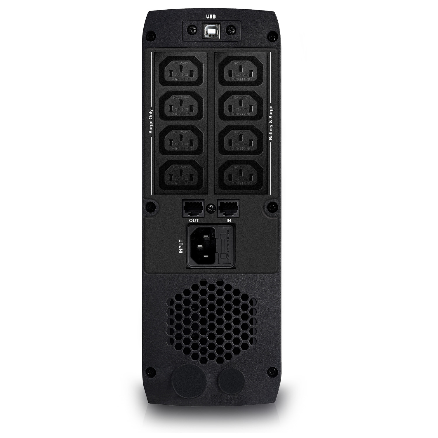 Dispositivo UPS negro con múltiples enchufes y un puerto USB. Fondo blanco.
