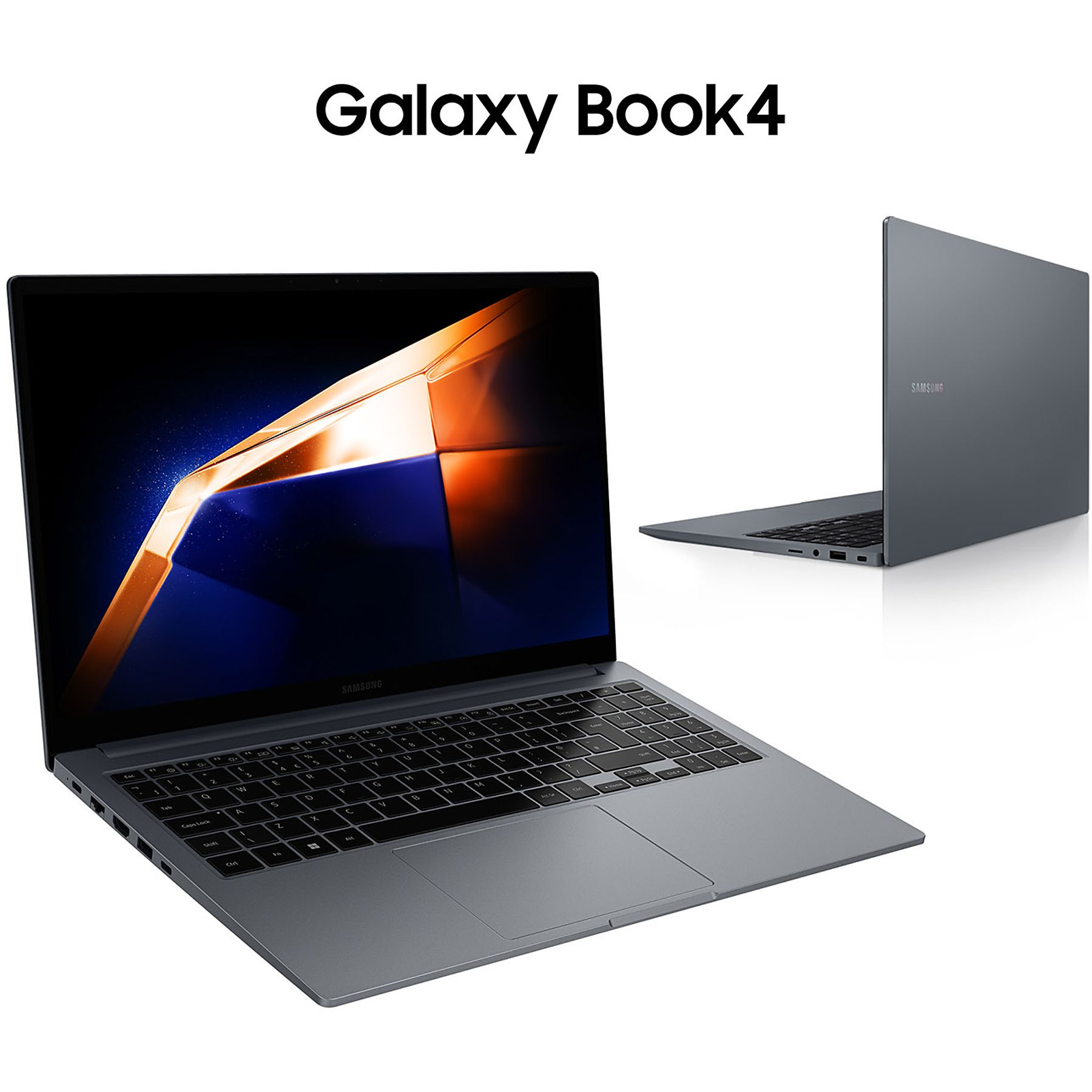 Un laptop grigio, con lo schermo che mostra un'immagine scura e un'etichetta Galaxy Book4 in alto.