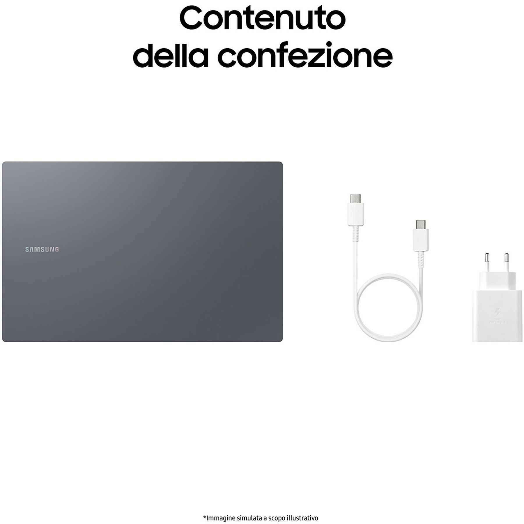Un tablet grigio scuro, cavo di ricarica e caricabatterie su sfondo bianco. Logo Samsung visibile.