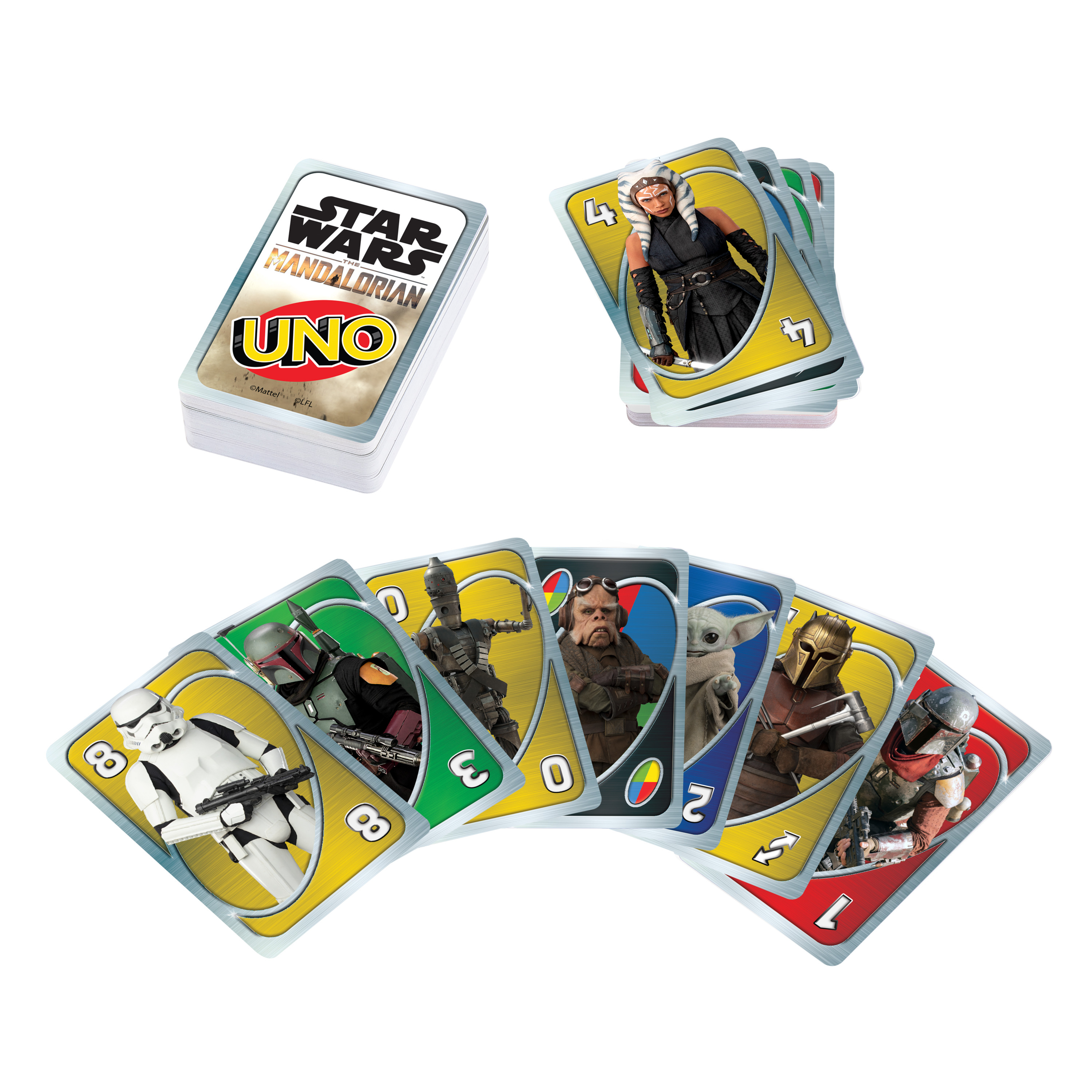 Star Wars Mandalorian UNO Kartenspiel, mit Karten auf einer weißen Oberfläche verstreut.