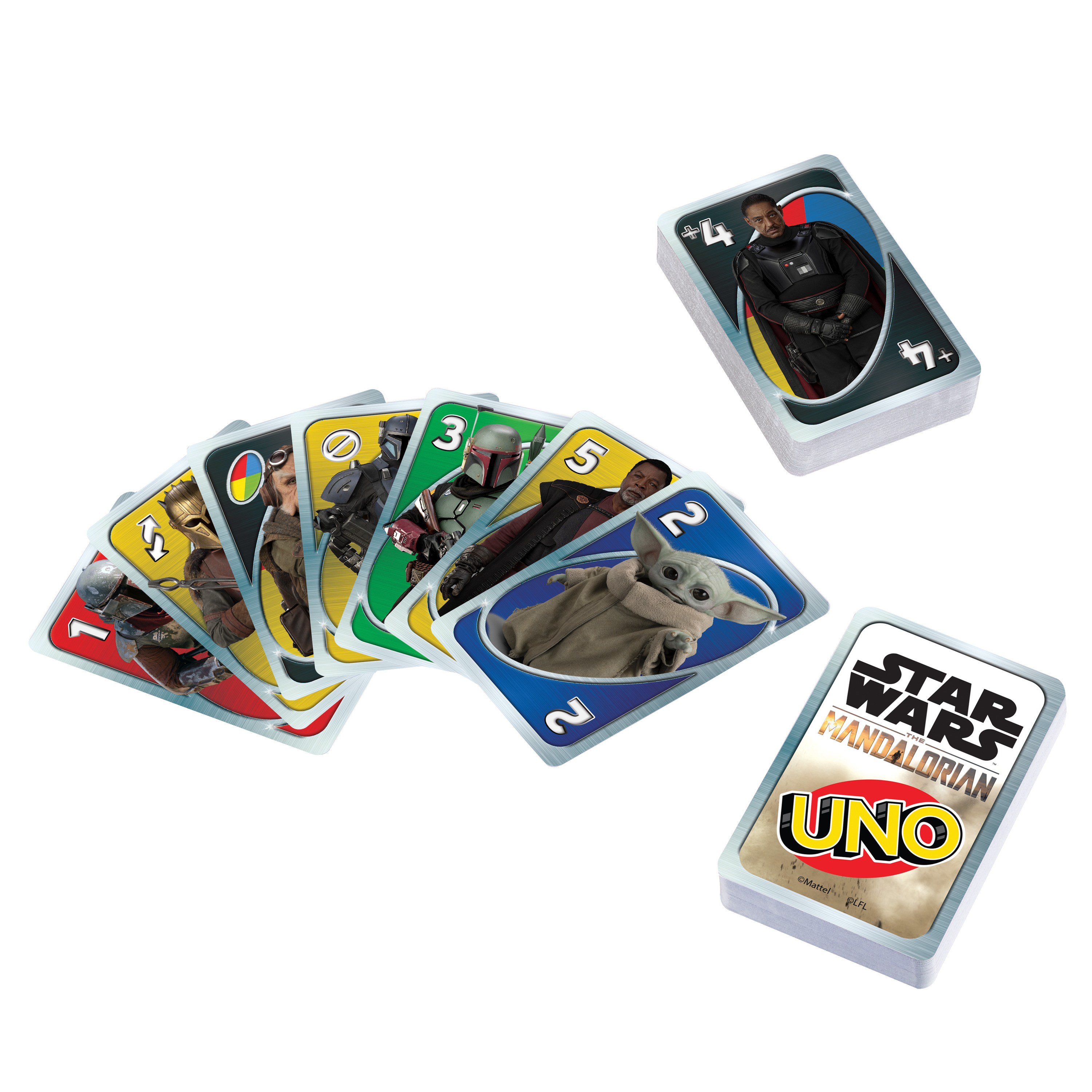 Star Wars UNO Karten, auf weißer Oberfläche ausgebreitet. Einige Karten sind offen, zeigen Charaktere.