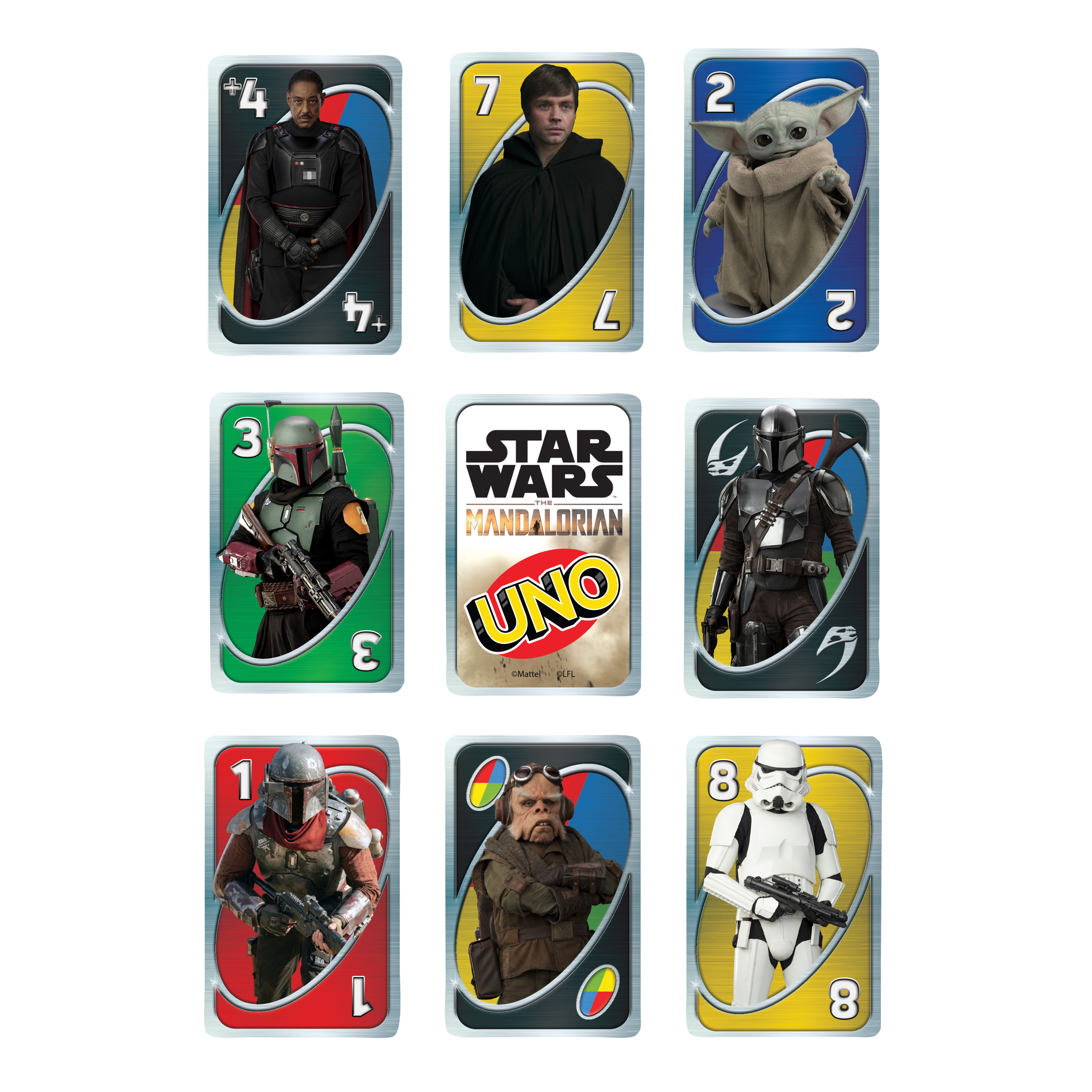 Neun Star Wars Uno-Karten mit Charakteren aus The Mandalorian, mit verschiedenen Zahlen und Farben.